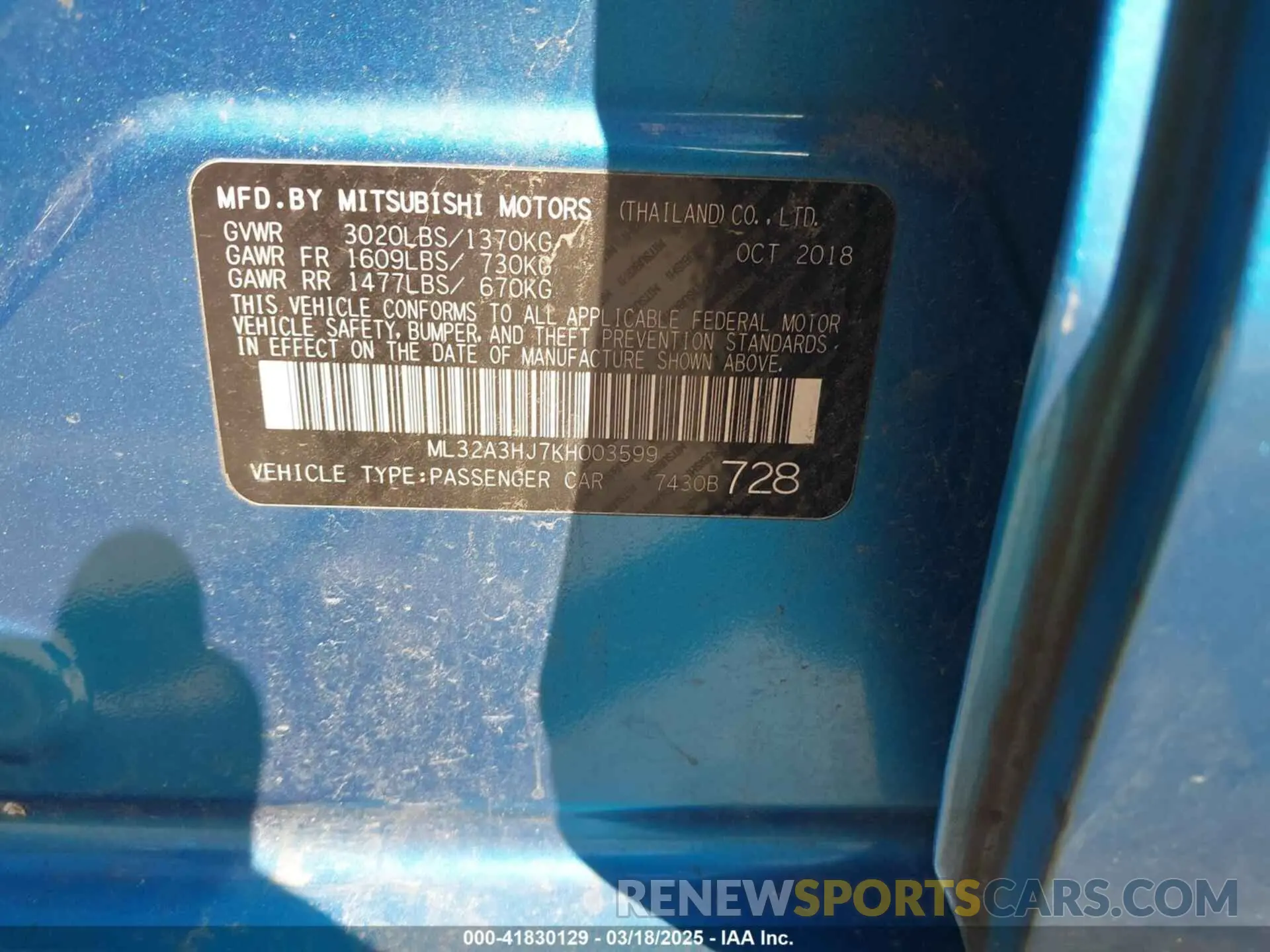 9 Photograph of a damaged car ML32A3HJ7KH003599 MITSUBISHI MIRAGE 2019