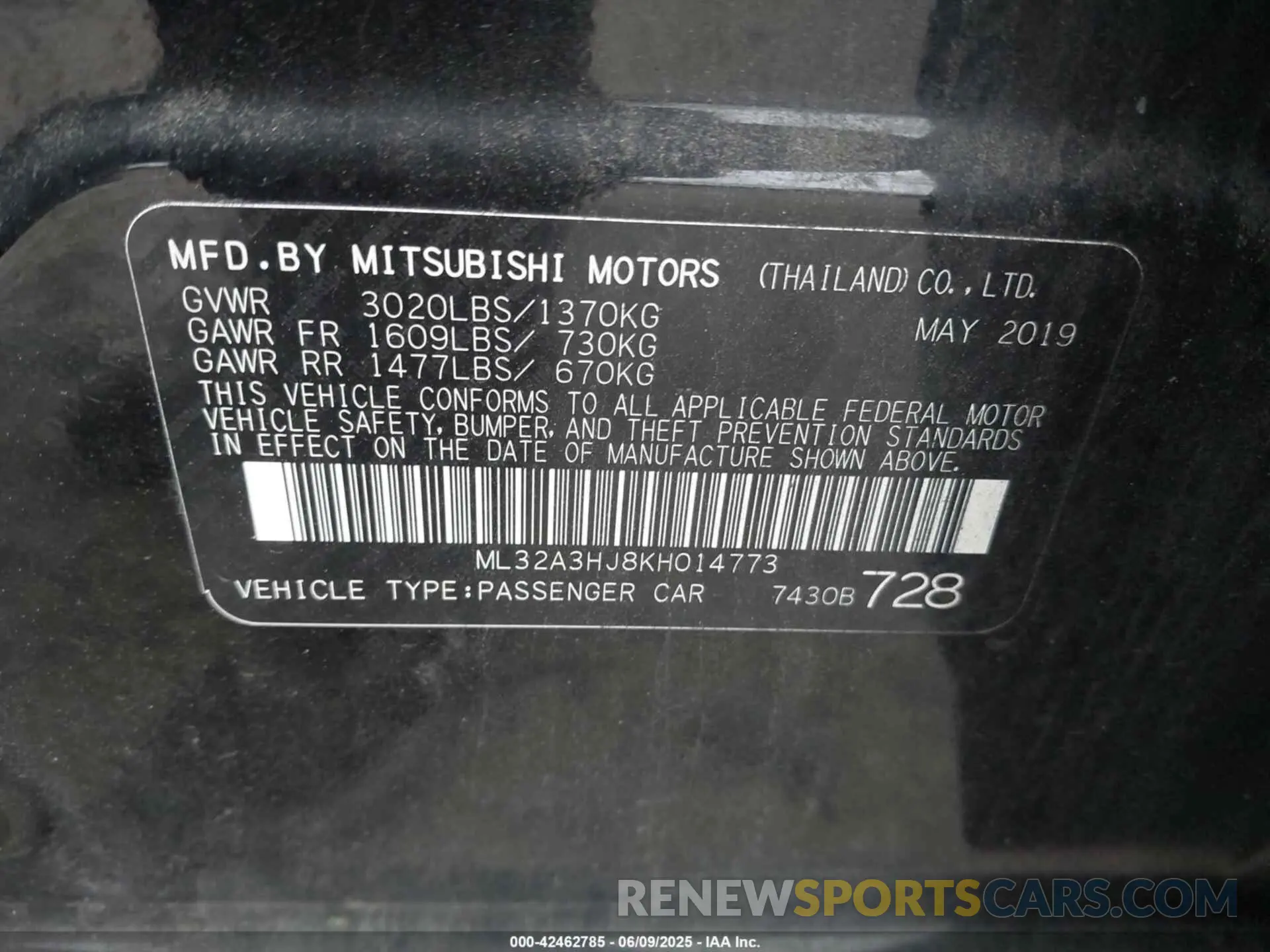 9 Photograph of a damaged car ML32A3HJ8KH014773 MITSUBISHI MIRAGE 2019