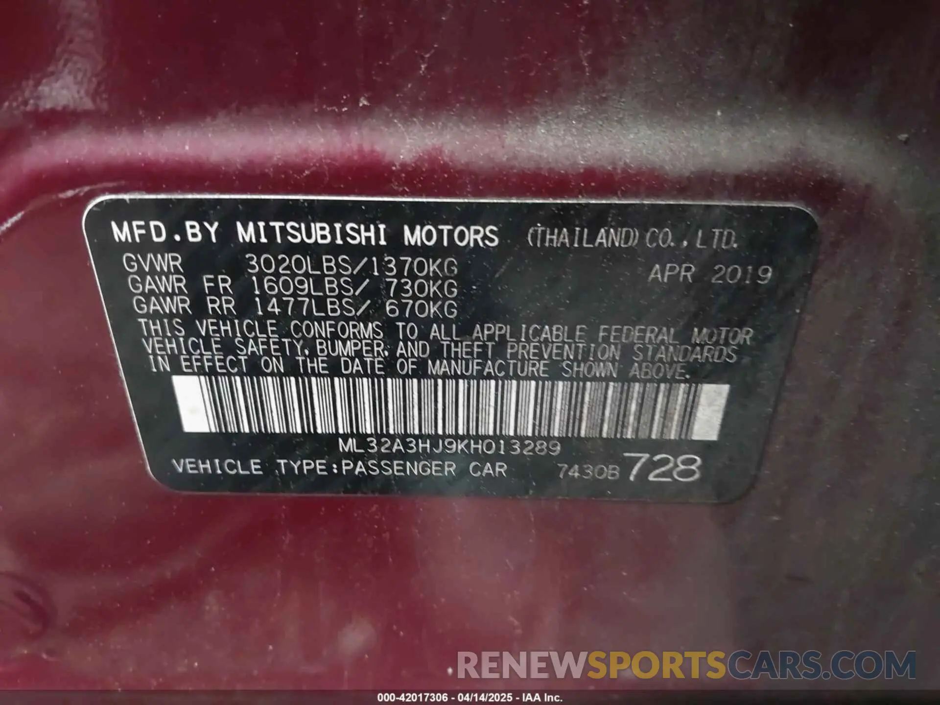 9 Photograph of a damaged car ML32A3HJ9KH013289 MITSUBISHI MIRAGE 2019