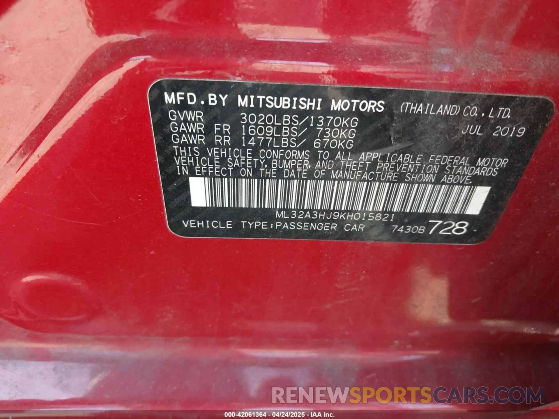 9 Photograph of a damaged car ML32A3HJ9KH015821 MITSUBISHI MIRAGE 2019