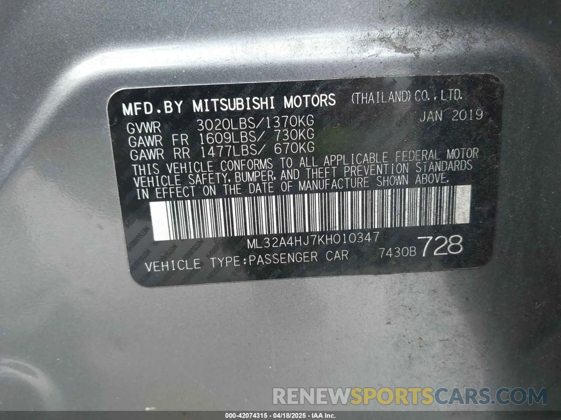 9 Photograph of a damaged car ML32A4HJ7KH010347 MITSUBISHI MIRAGE 2019