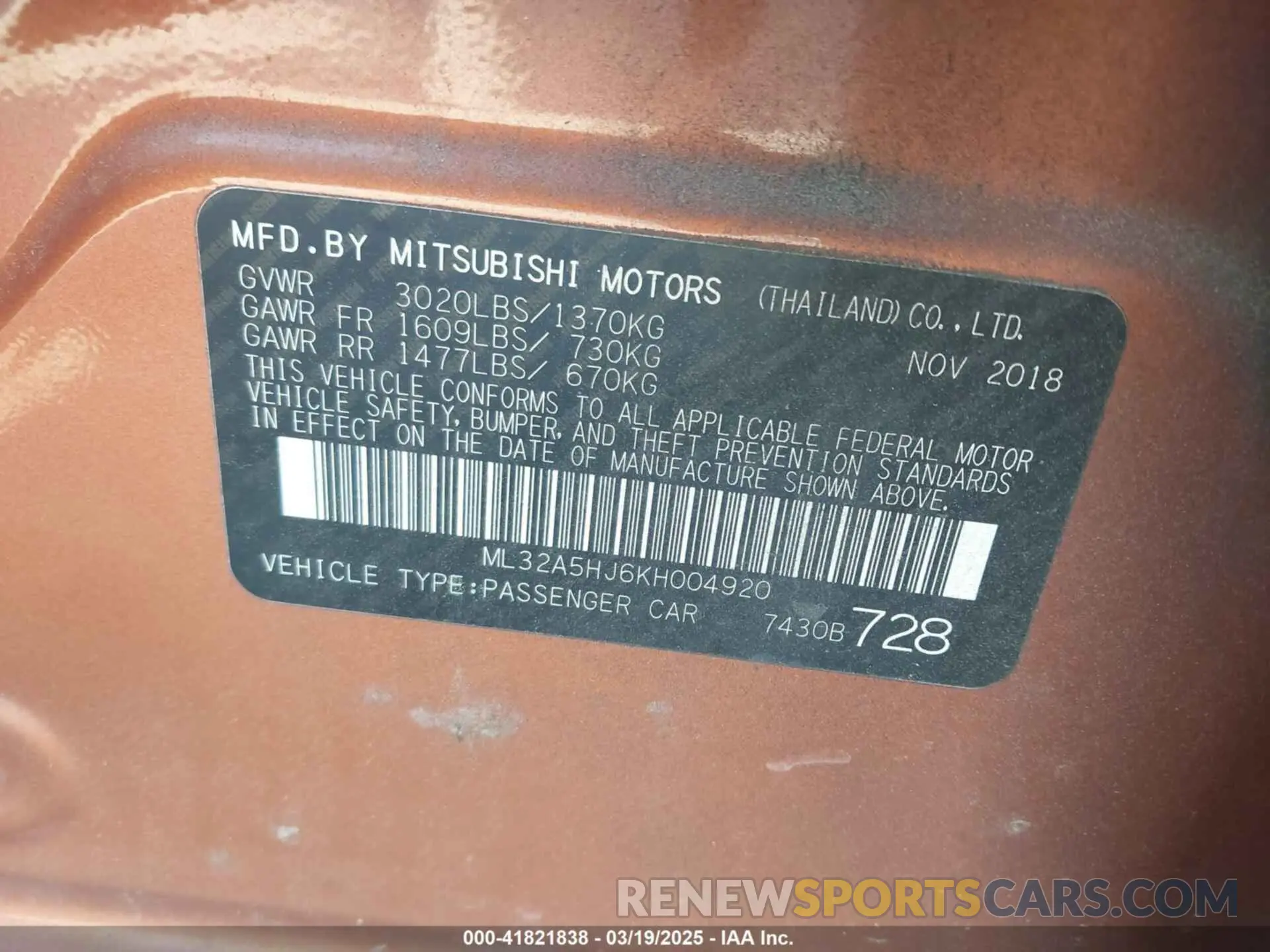 9 Photograph of a damaged car ML32A5HJ6KH004920 MITSUBISHI MIRAGE 2019