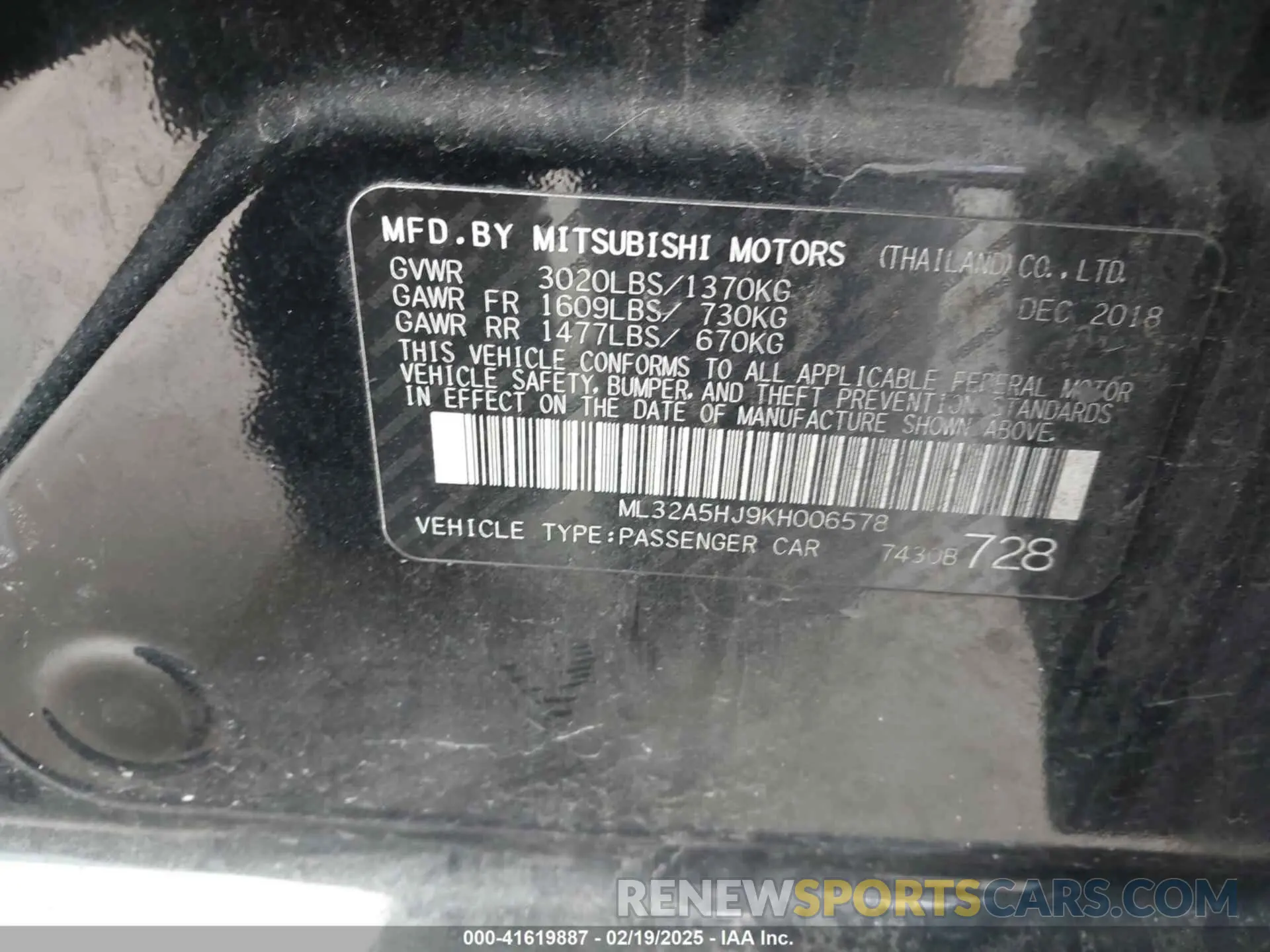 9 Photograph of a damaged car ML32A5HJ9KH006578 MITSUBISHI MIRAGE 2019