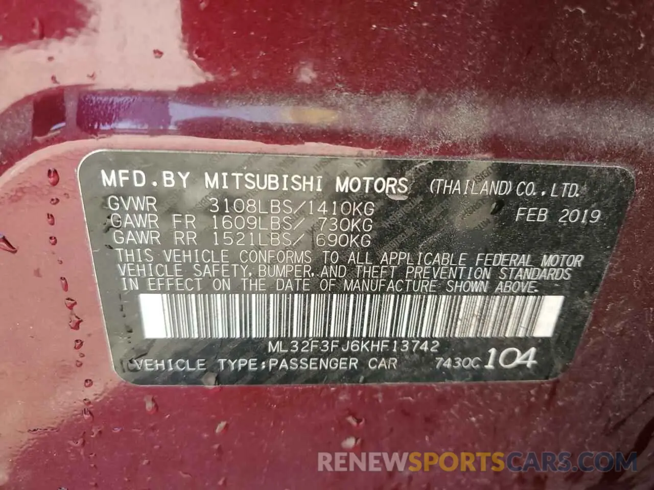 13 Photograph of a damaged car ML32F3FJ6KHF13742 MITSUBISHI MIRAGE 2019