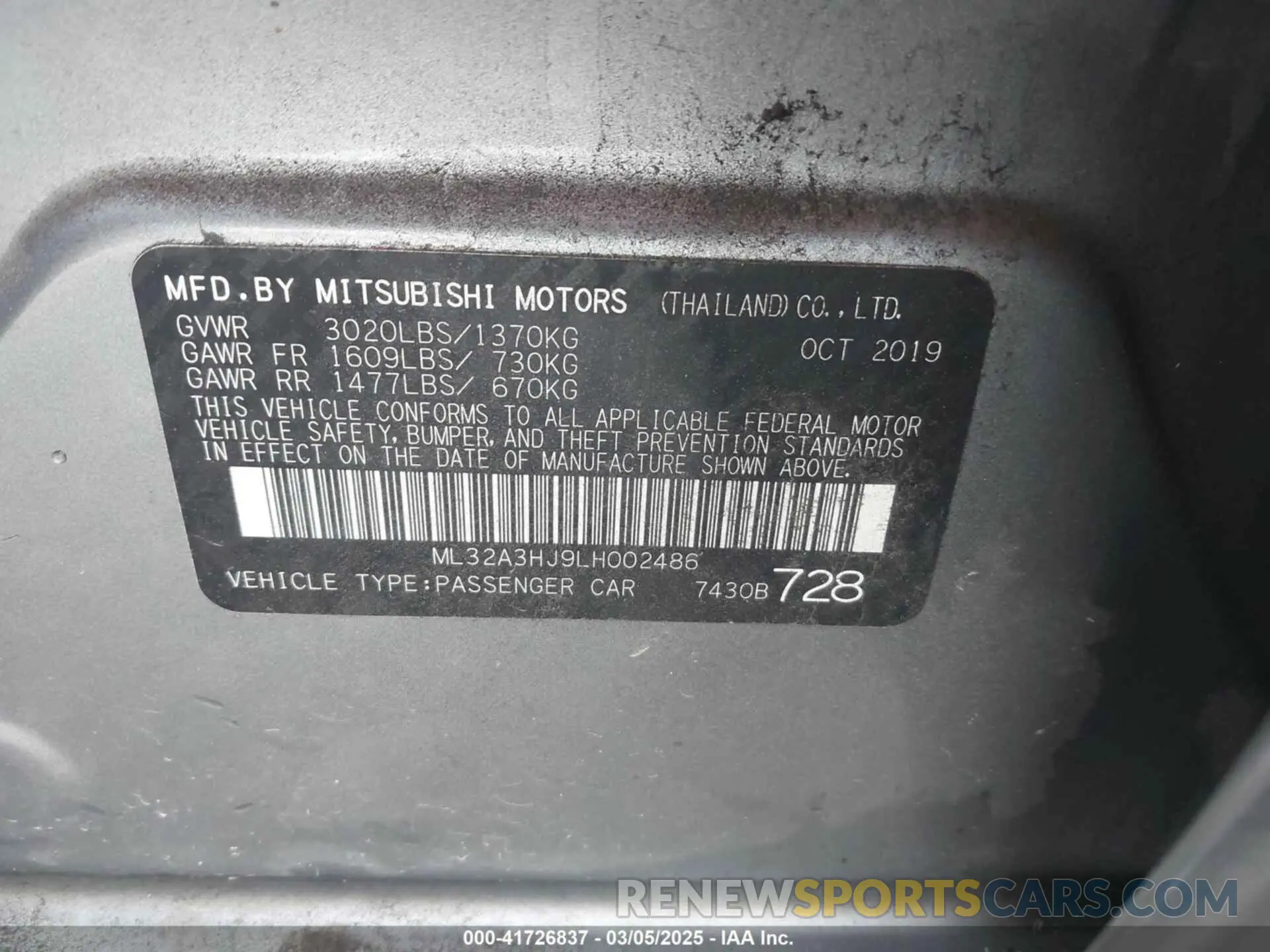 9 Photograph of a damaged car ML32A3HJ9LH002486 MITSUBISHI MIRAGE 2020