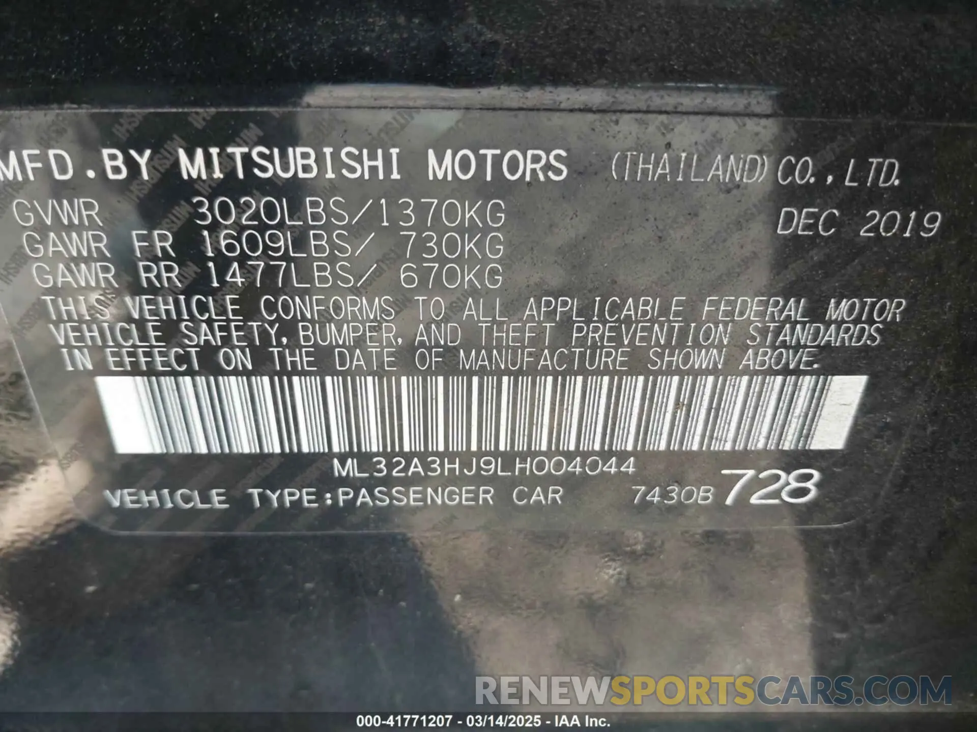 9 Photograph of a damaged car ML32A3HJ9LH004044 MITSUBISHI MIRAGE 2020