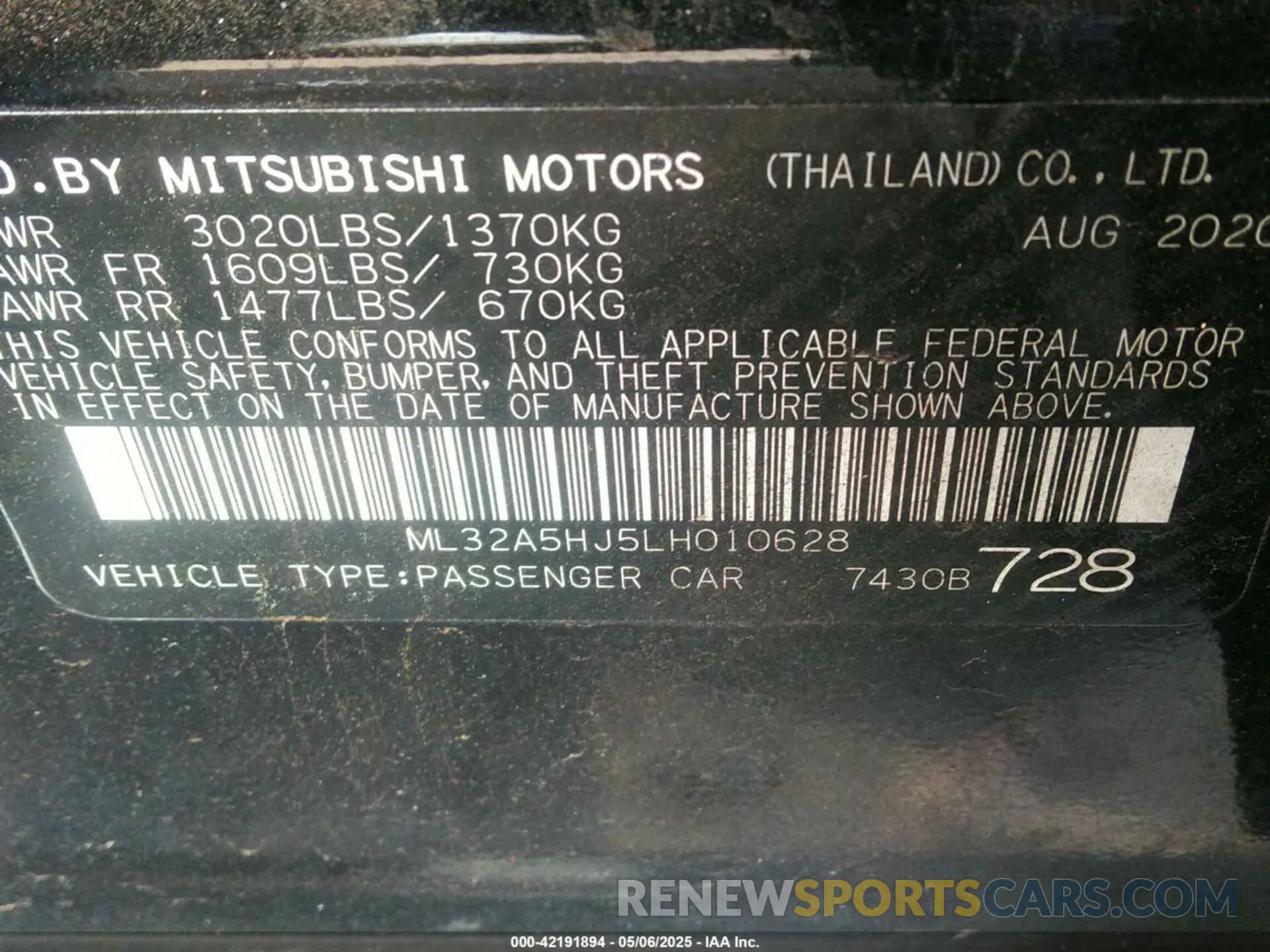 9 Photograph of a damaged car ML32A5HJ5LH010628 MITSUBISHI MIRAGE 2020