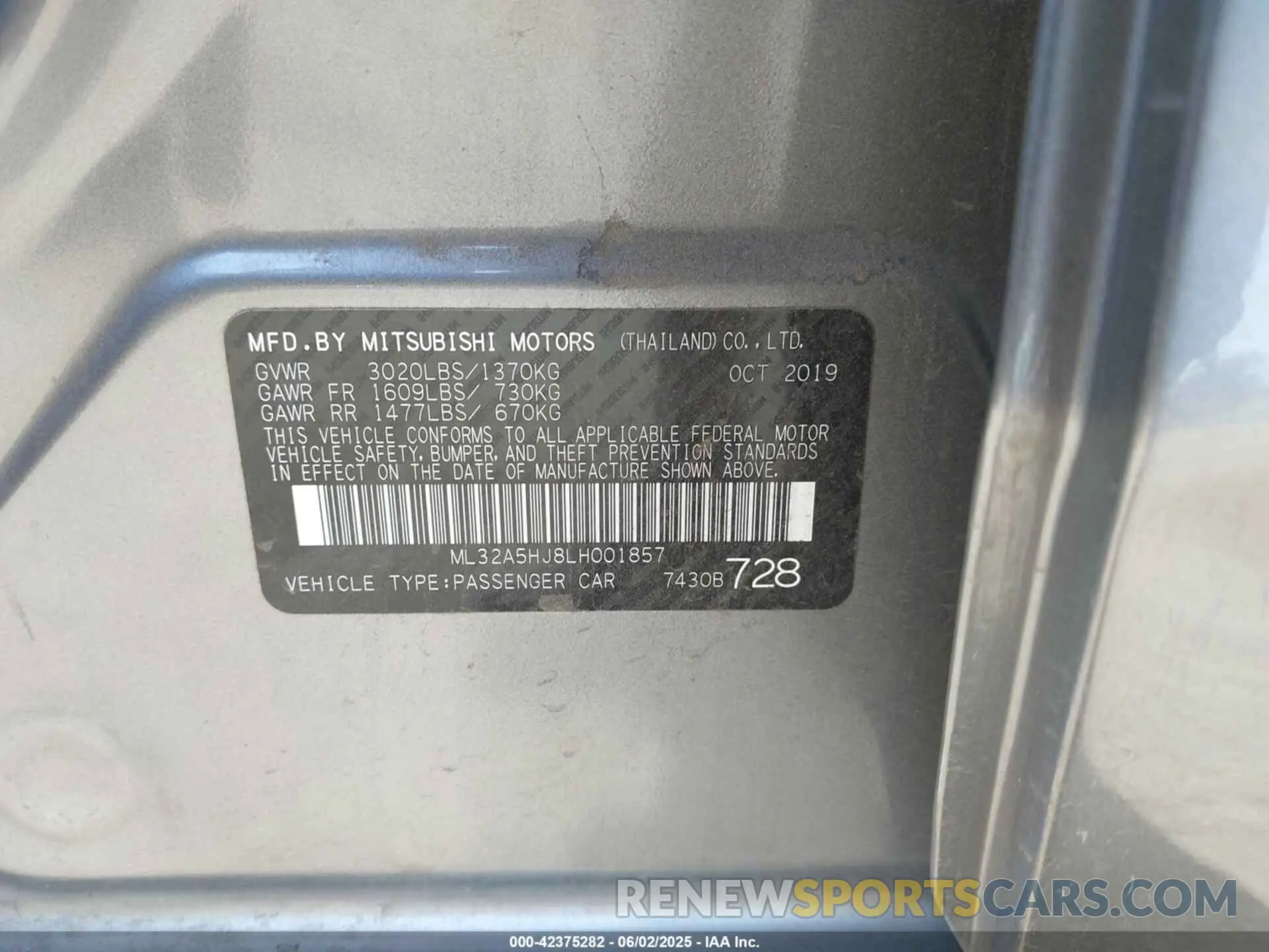 9 Photograph of a damaged car ML32A5HJ8LH001857 MITSUBISHI MIRAGE 2020