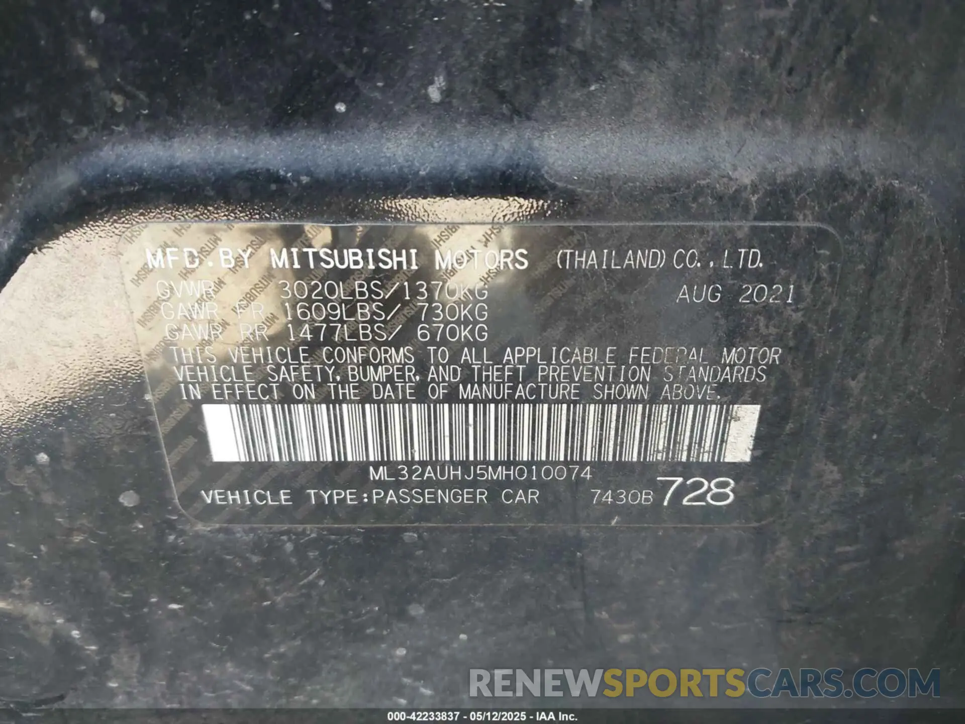 9 Photograph of a damaged car ML32AUHJ5MH010074 MITSUBISHI MIRAGE 2021