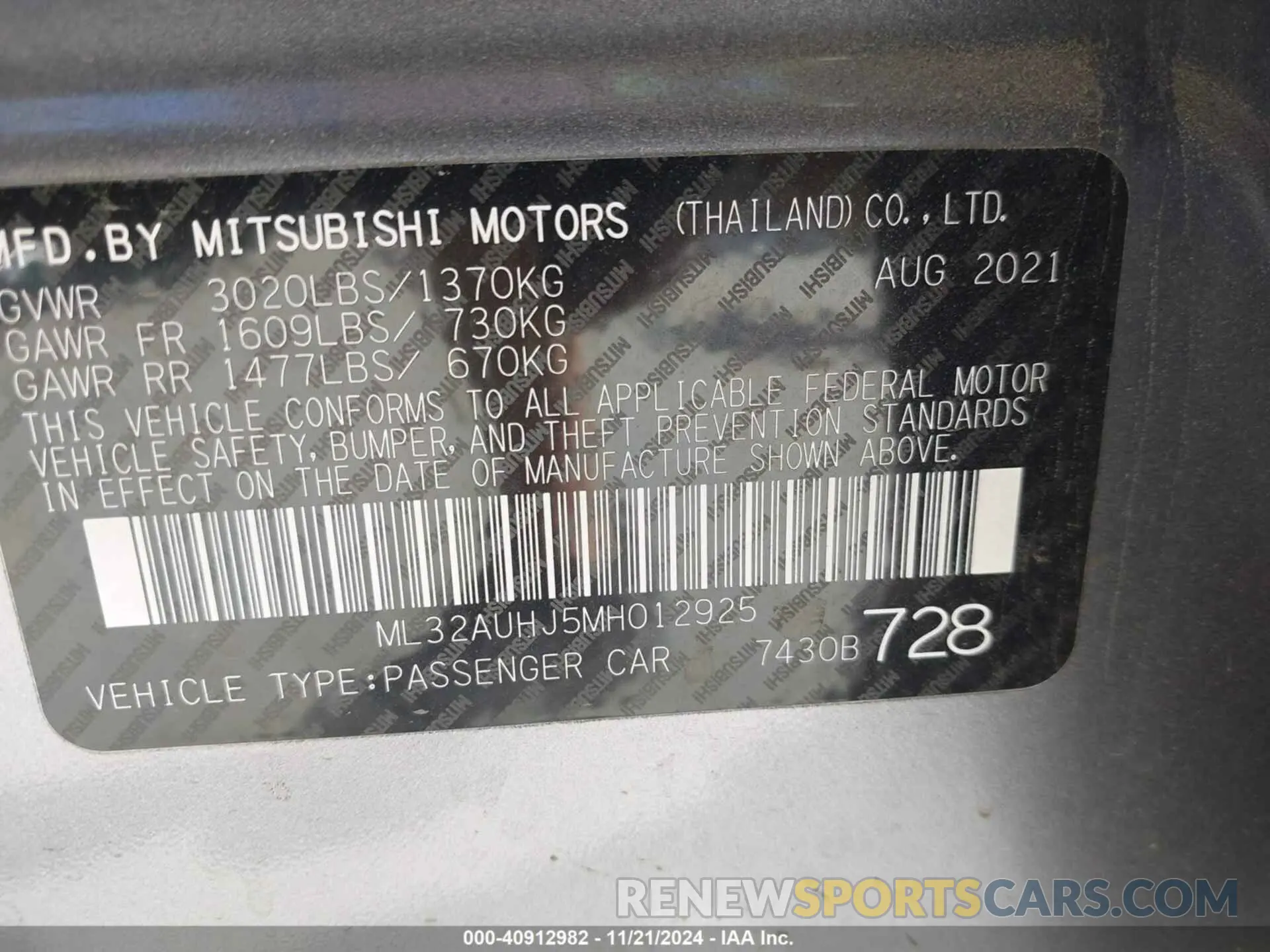9 Photograph of a damaged car ML32AUHJ5MH012925 MITSUBISHI MIRAGE 2021
