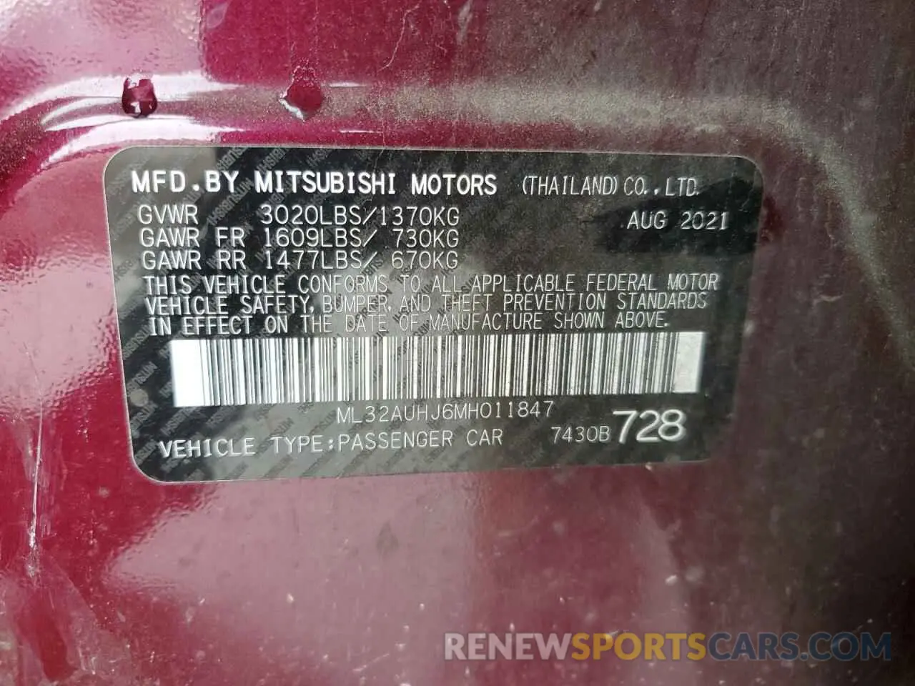13 Photograph of a damaged car ML32AUHJ6MH011847 MITSUBISHI MIRAGE 2021