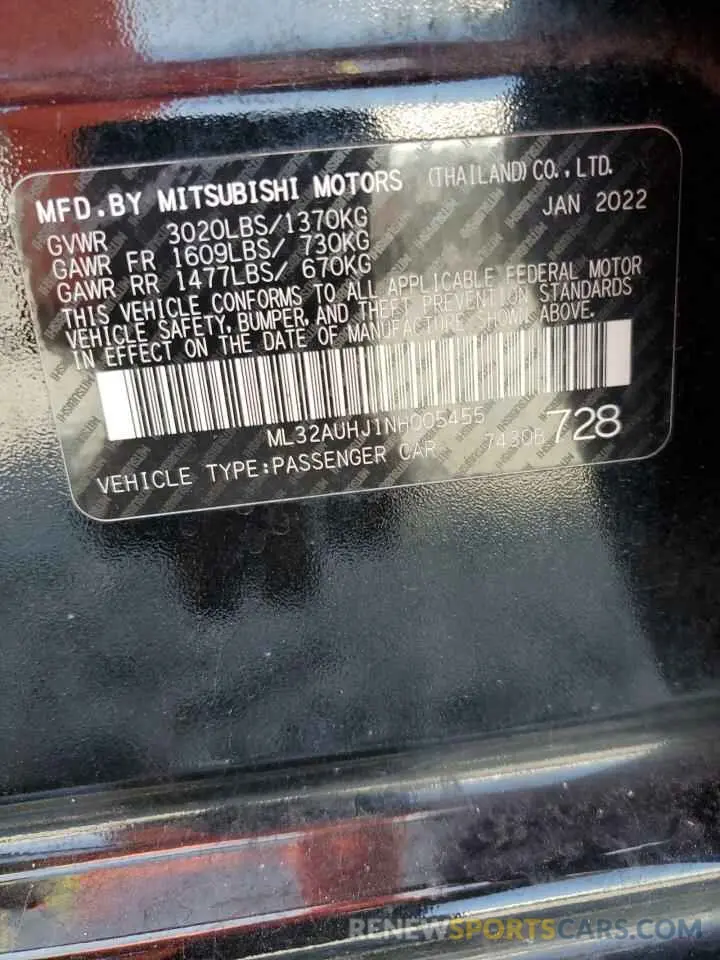 12 Photograph of a damaged car ML32AUHJ1NH005455 MITSUBISHI MIRAGE 2022