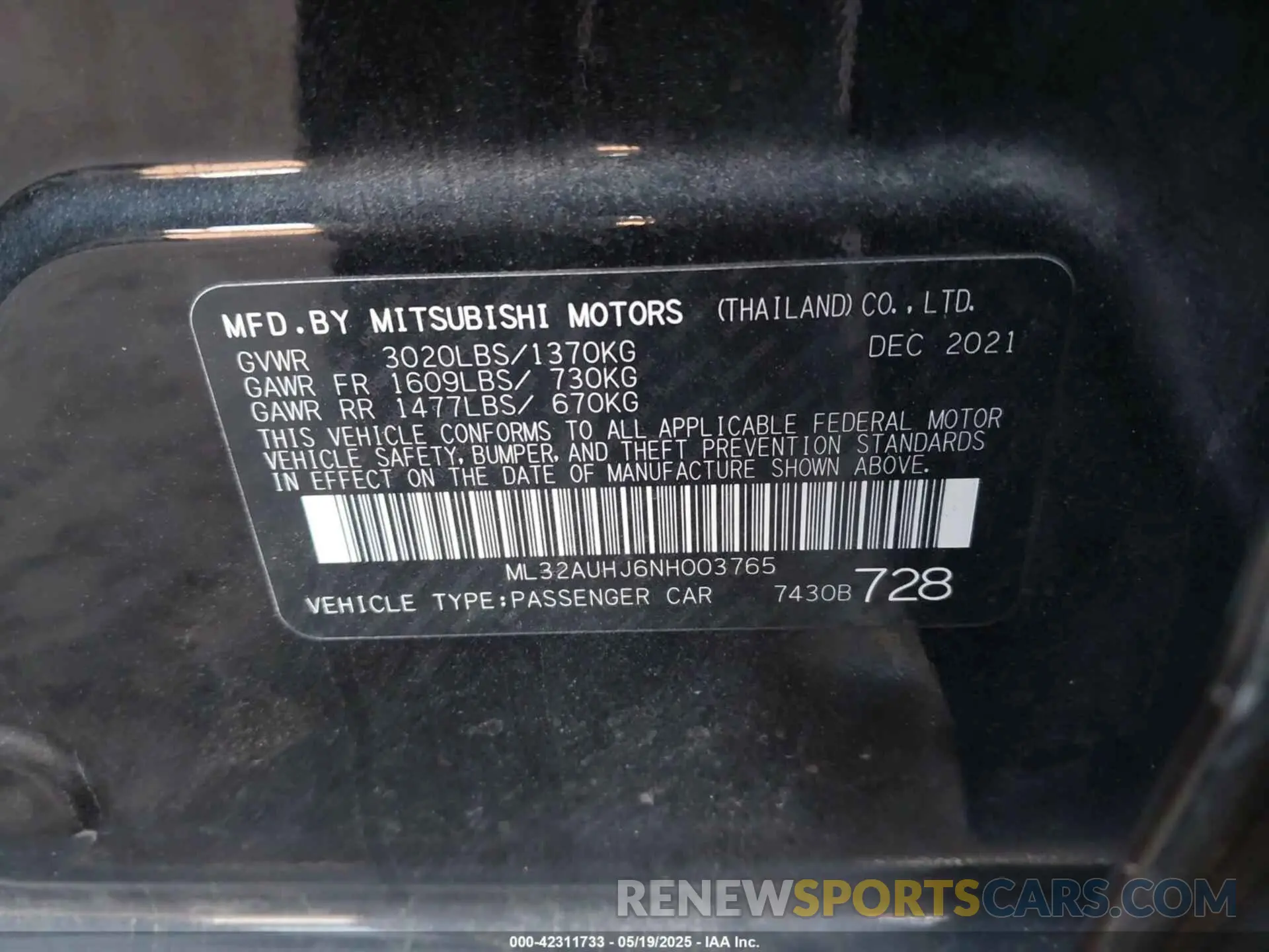 9 Photograph of a damaged car ML32AUHJ6NH003765 MITSUBISHI MIRAGE 2022