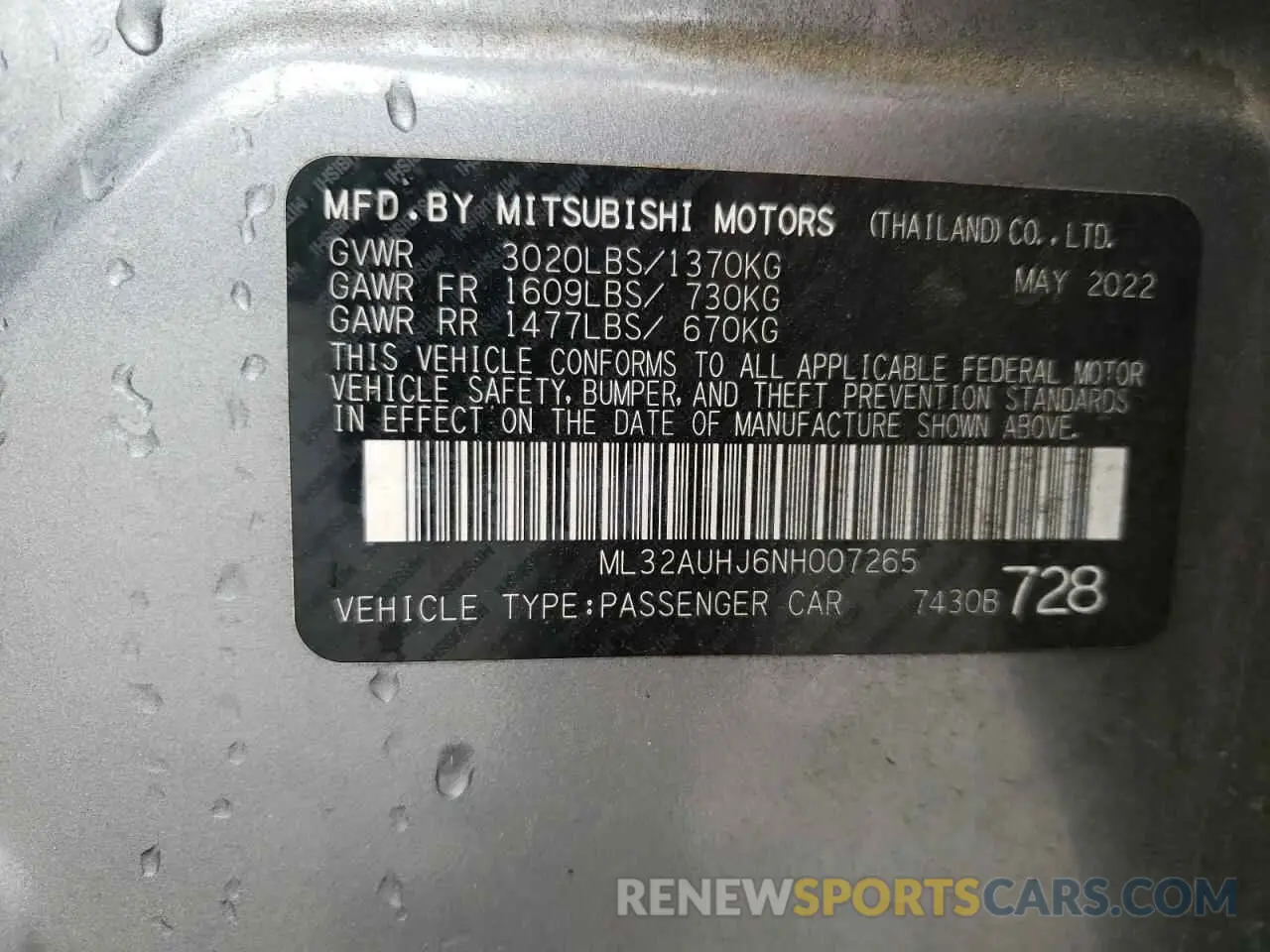 12 Photograph of a damaged car ML32AUHJ6NH007265 MITSUBISHI MIRAGE 2022