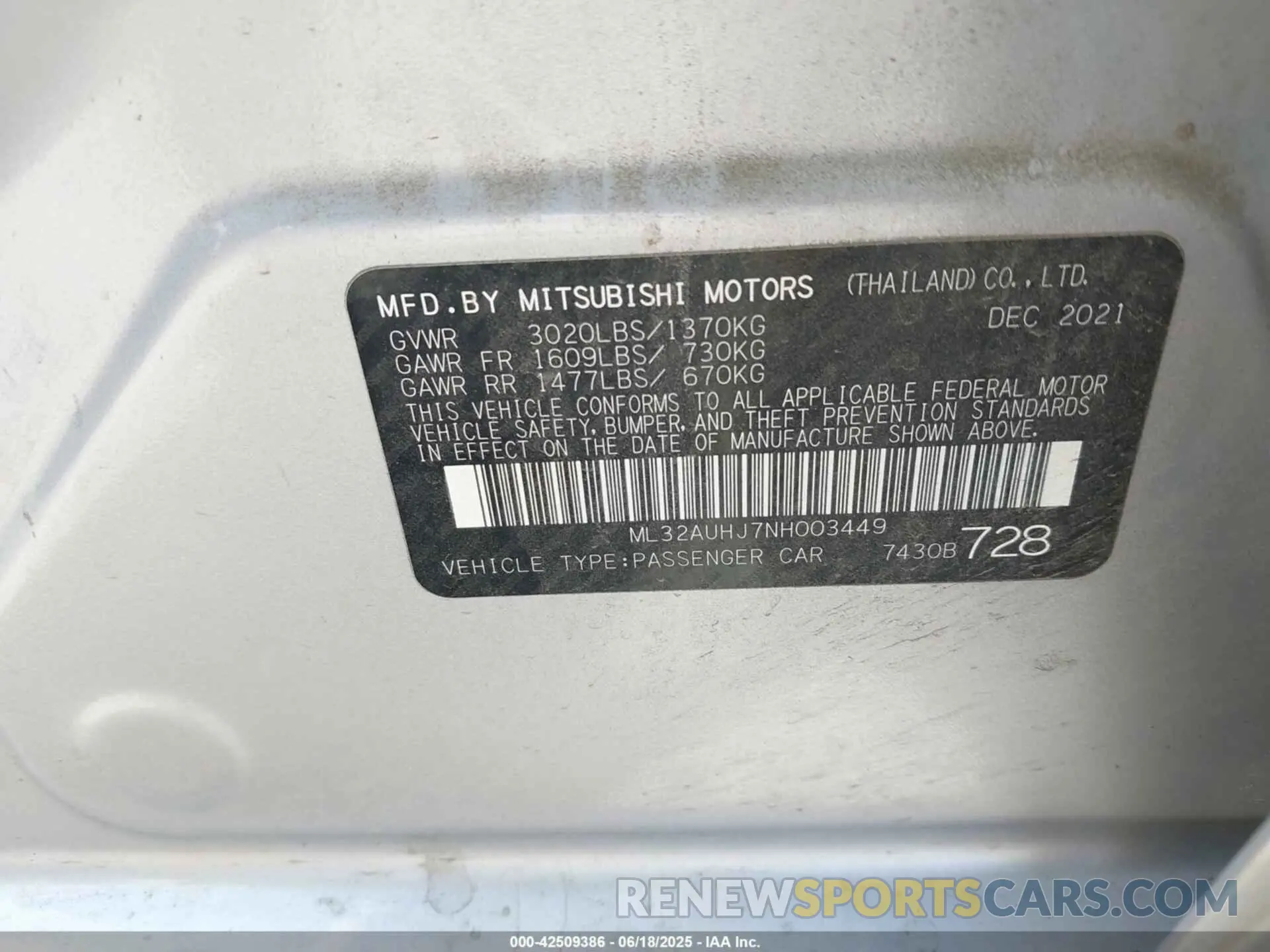 9 Photograph of a damaged car ML32AUHJ7NH003449 MITSUBISHI MIRAGE 2022