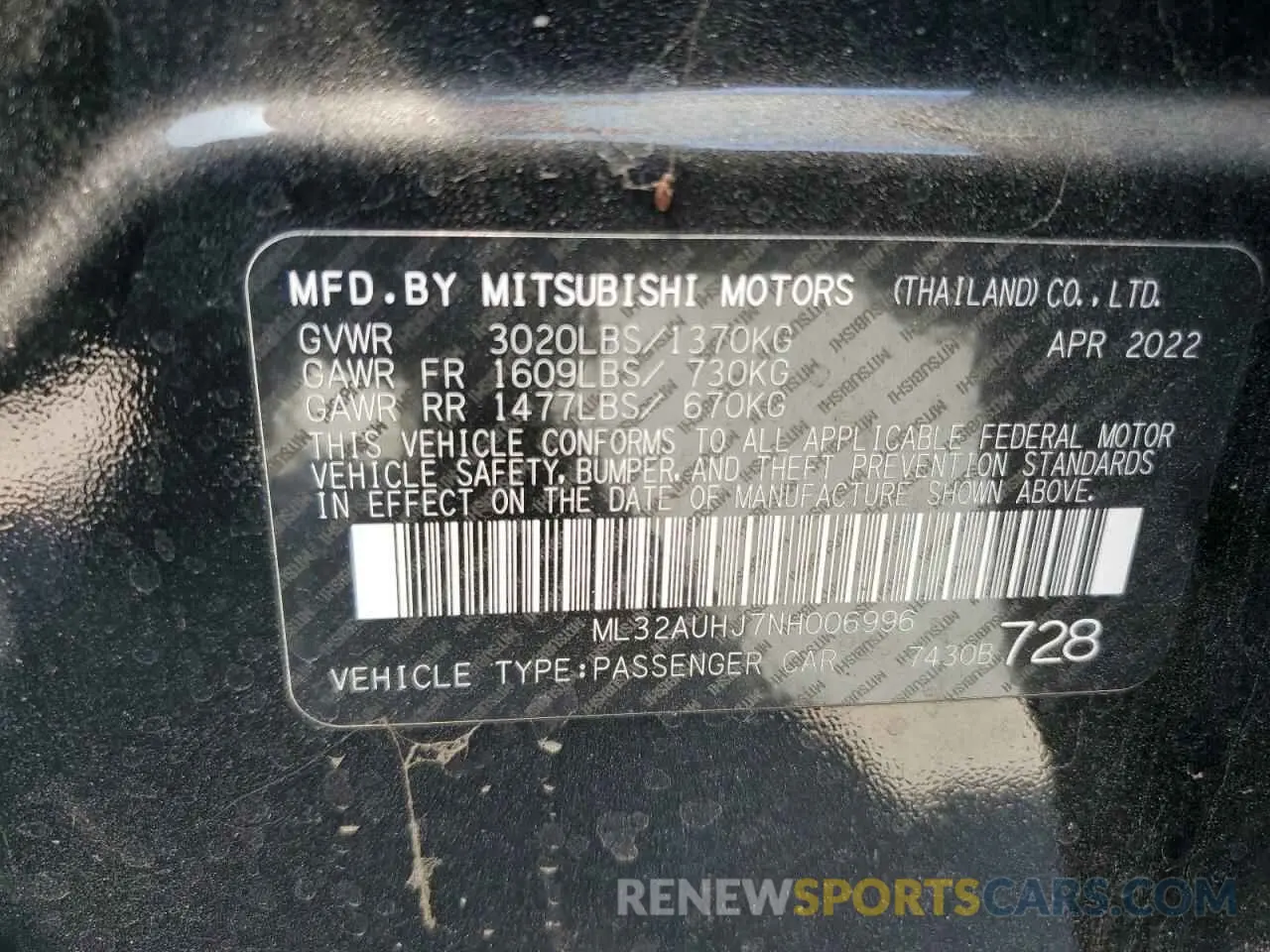 13 Photograph of a damaged car ML32AUHJ7NH006996 MITSUBISHI MIRAGE 2022