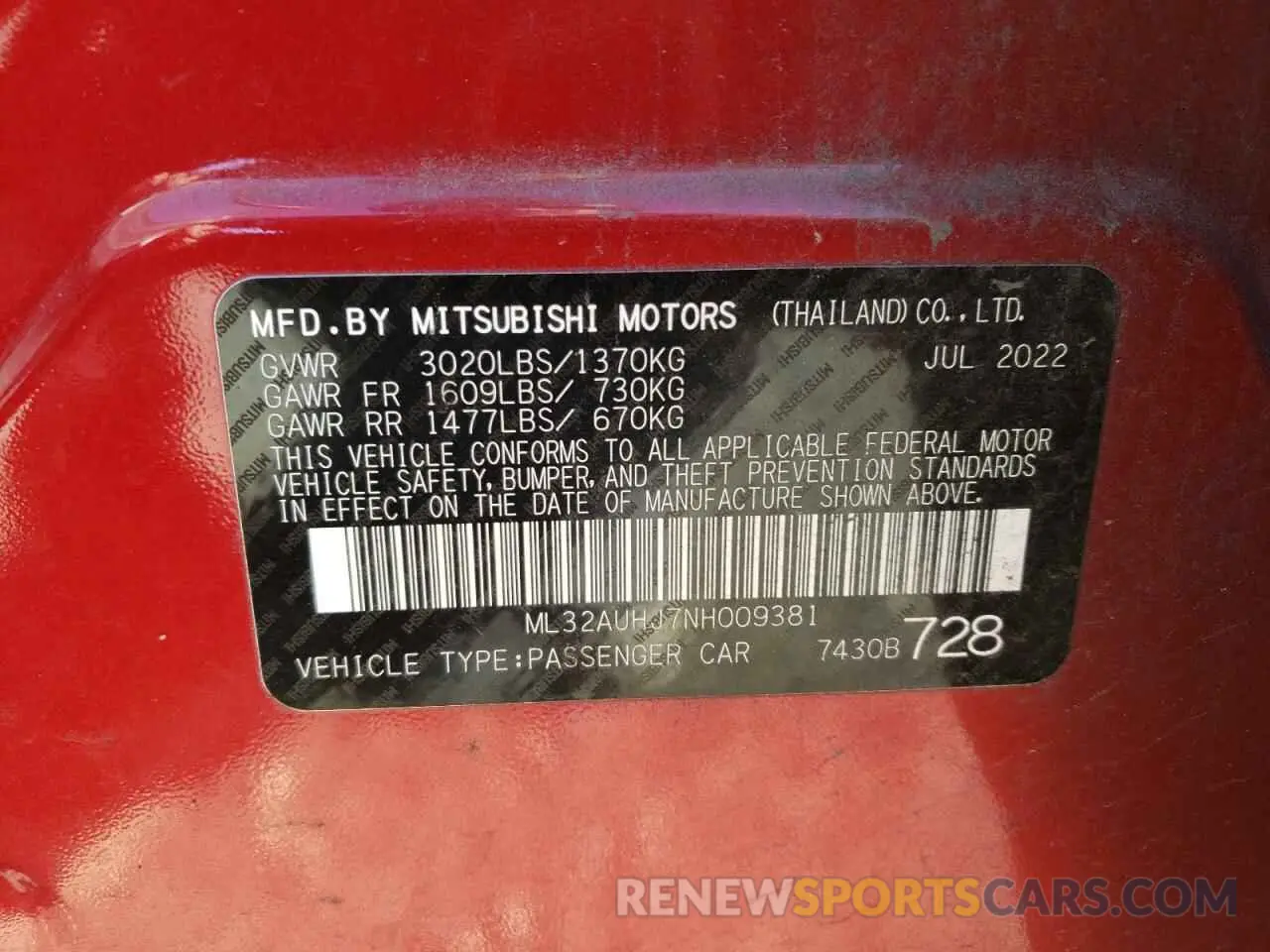 12 Photograph of a damaged car ML32AUHJ7NH009381 MITSUBISHI MIRAGE 2022