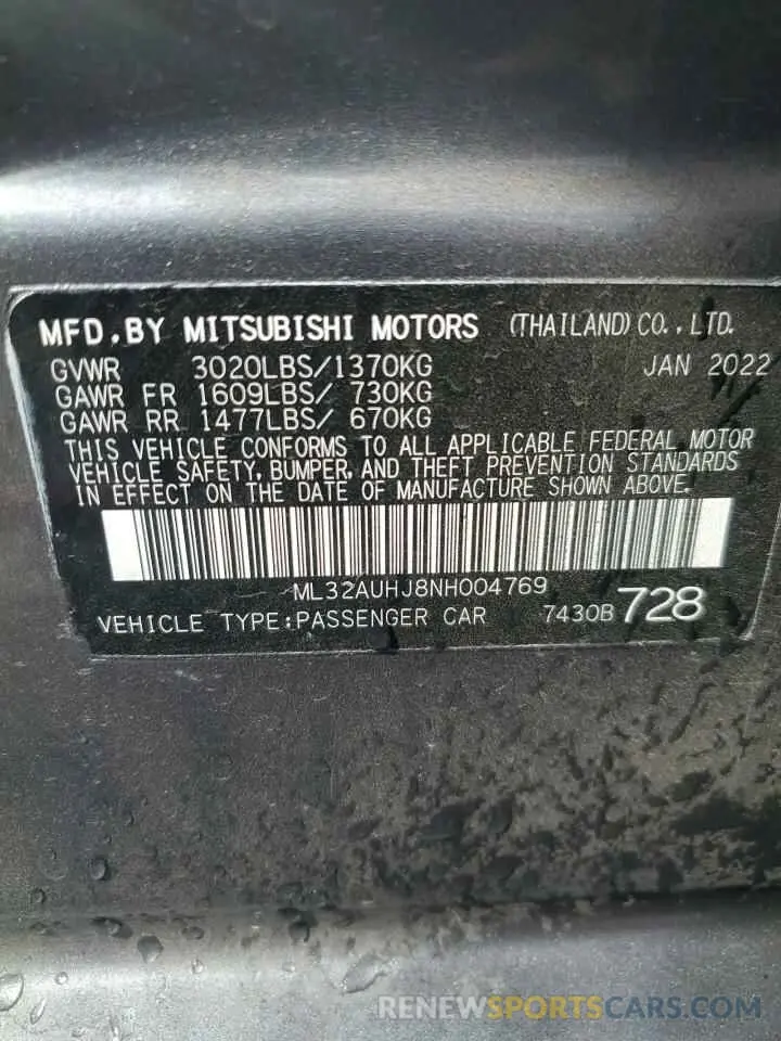12 Photograph of a damaged car ML32AUHJ8NH004769 MITSUBISHI MIRAGE 2022