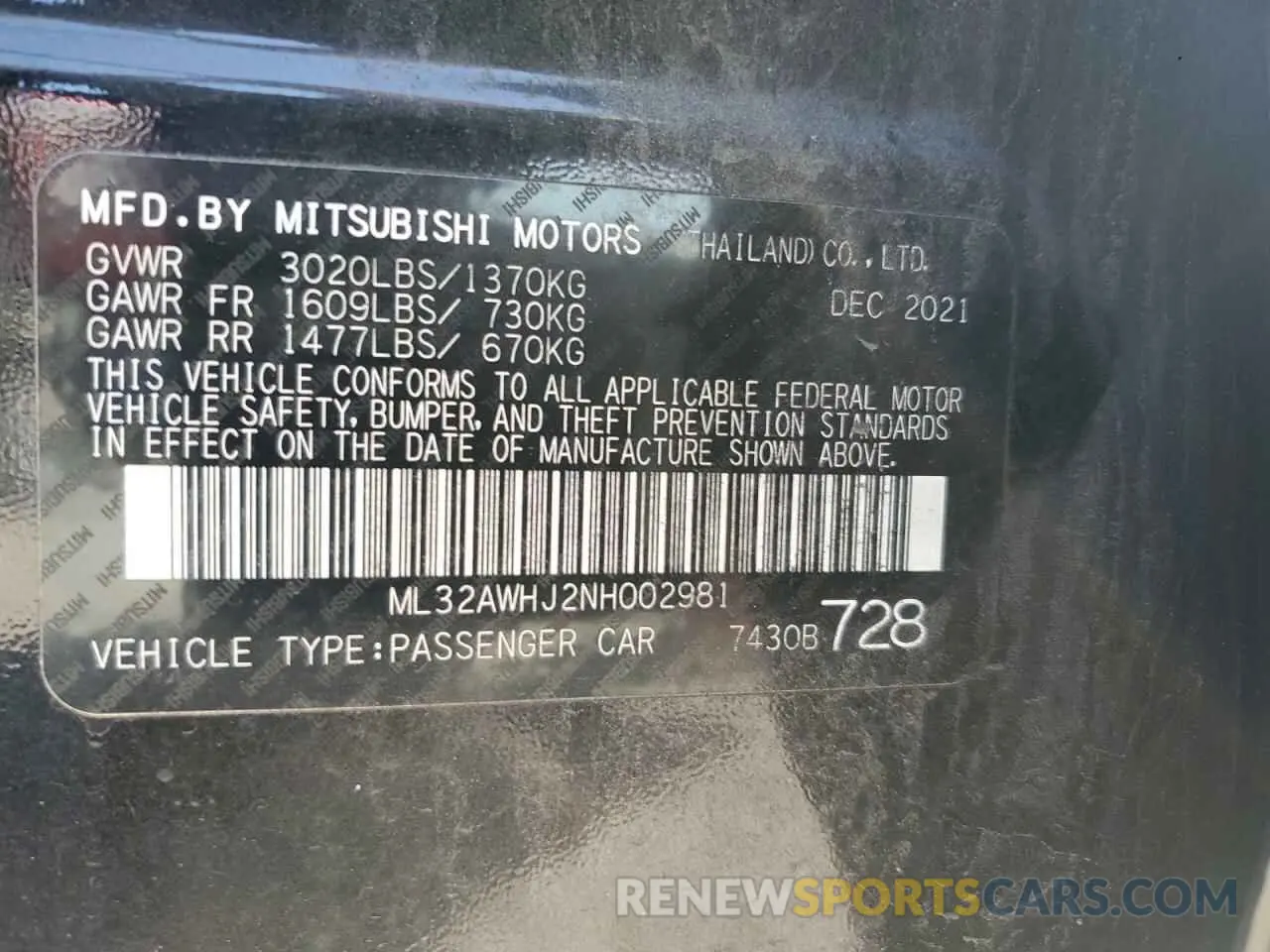 13 Photograph of a damaged car ML32AWHJ2NH002981 MITSUBISHI MIRAGE 2022