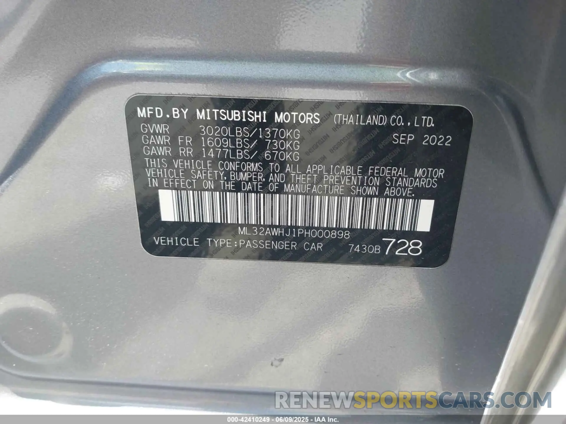 9 Photograph of a damaged car ML32AWHJ1PH000898 MITSUBISHI MIRAGE 2023