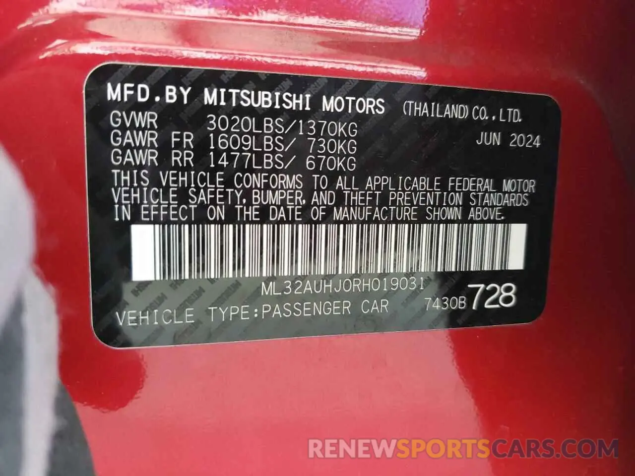 13 Photograph of a damaged car ML32AUHJ0RH019031 MITSUBISHI MIRAGE 2024