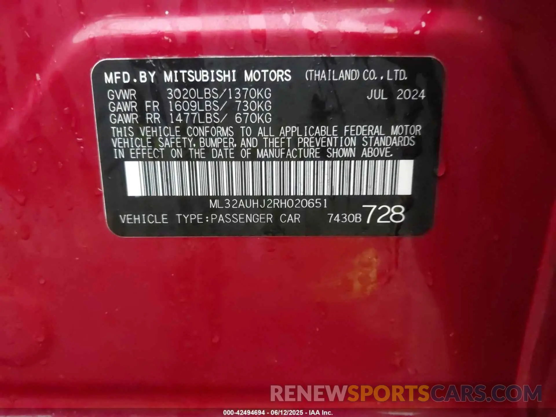 9 Photograph of a damaged car ML32AUHJ2RH020651 MITSUBISHI MIRAGE 2024