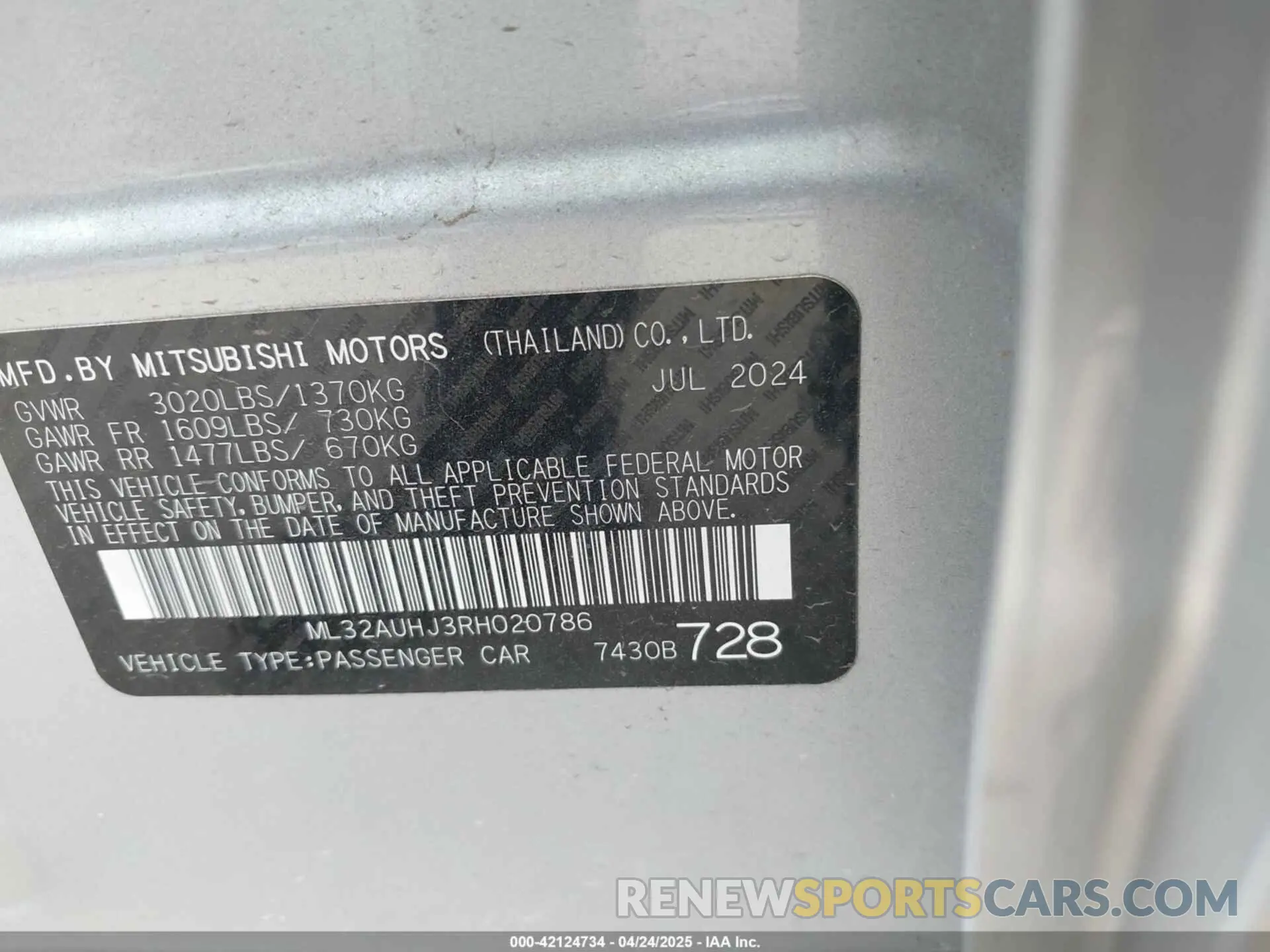 9 Photograph of a damaged car ML32AUHJ3RH020786 MITSUBISHI MIRAGE 2024