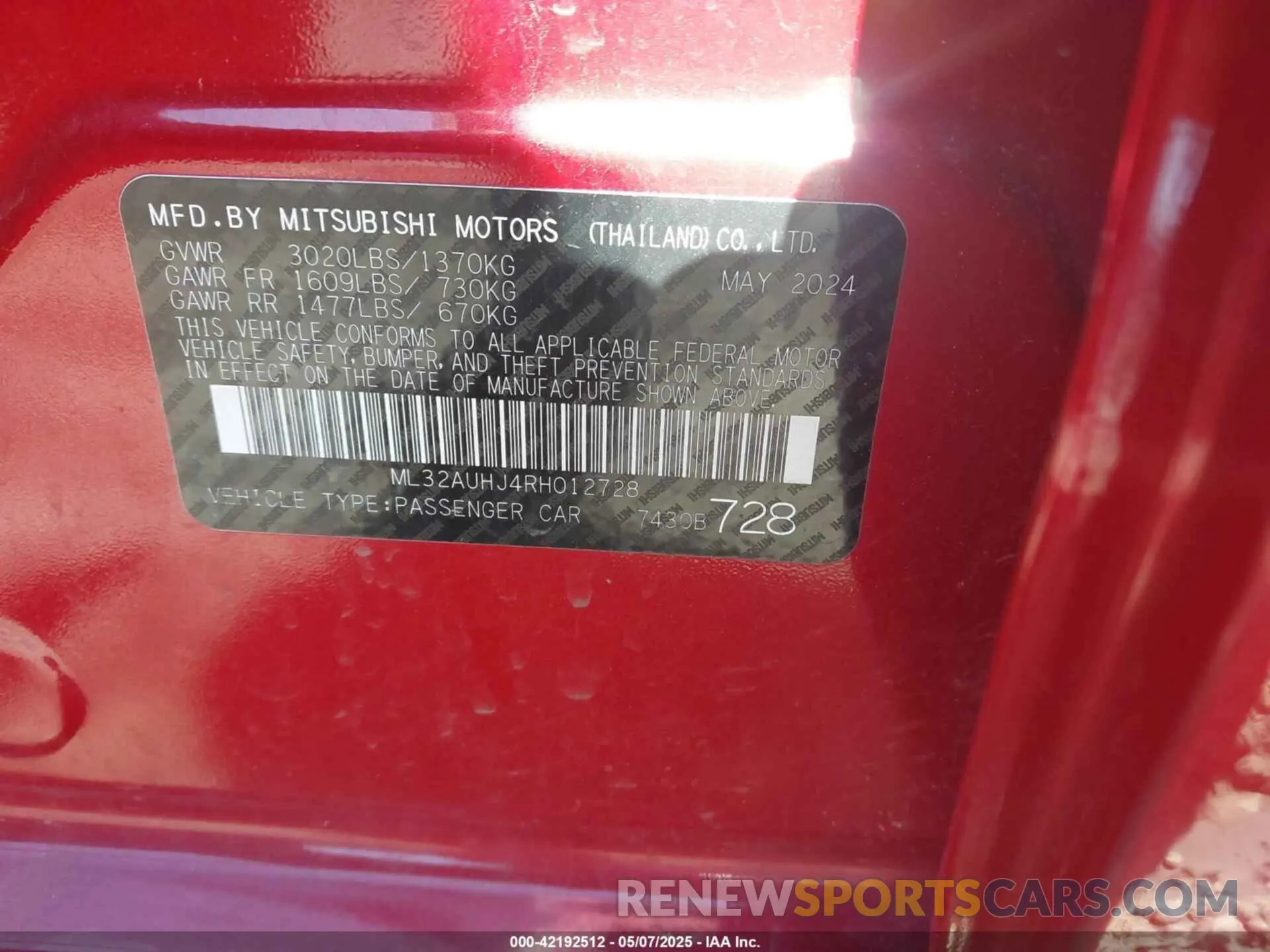 9 Photograph of a damaged car ML32AUHJ4RH012728 MITSUBISHI MIRAGE 2024