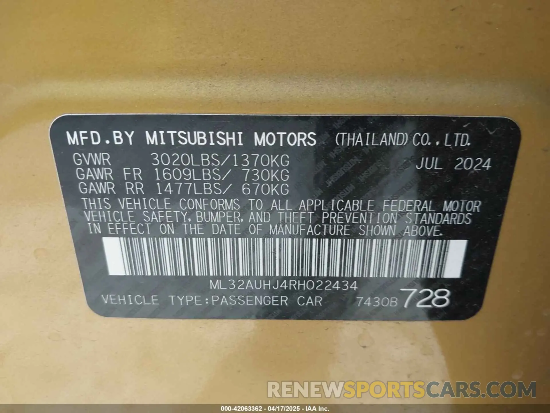 9 Photograph of a damaged car ML32AUHJ4RH022434 MITSUBISHI MIRAGE 2024