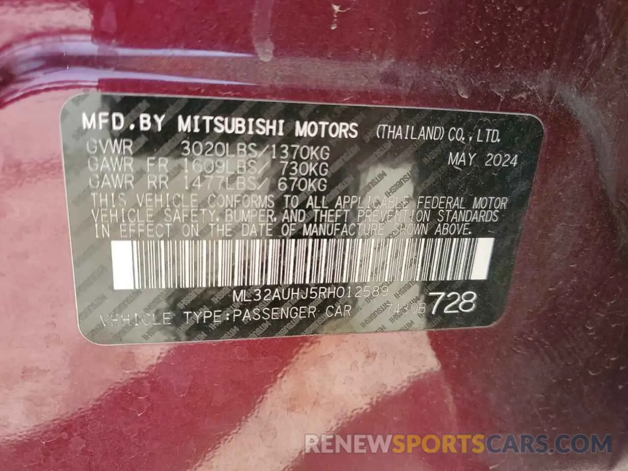 12 Photograph of a damaged car ML32AUHJ5RH012589 MITSUBISHI MIRAGE 2024