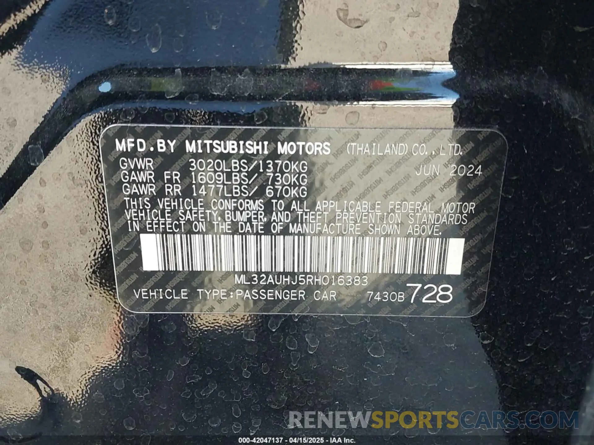 9 Photograph of a damaged car ML32AUHJ5RH016383 MITSUBISHI MIRAGE 2024