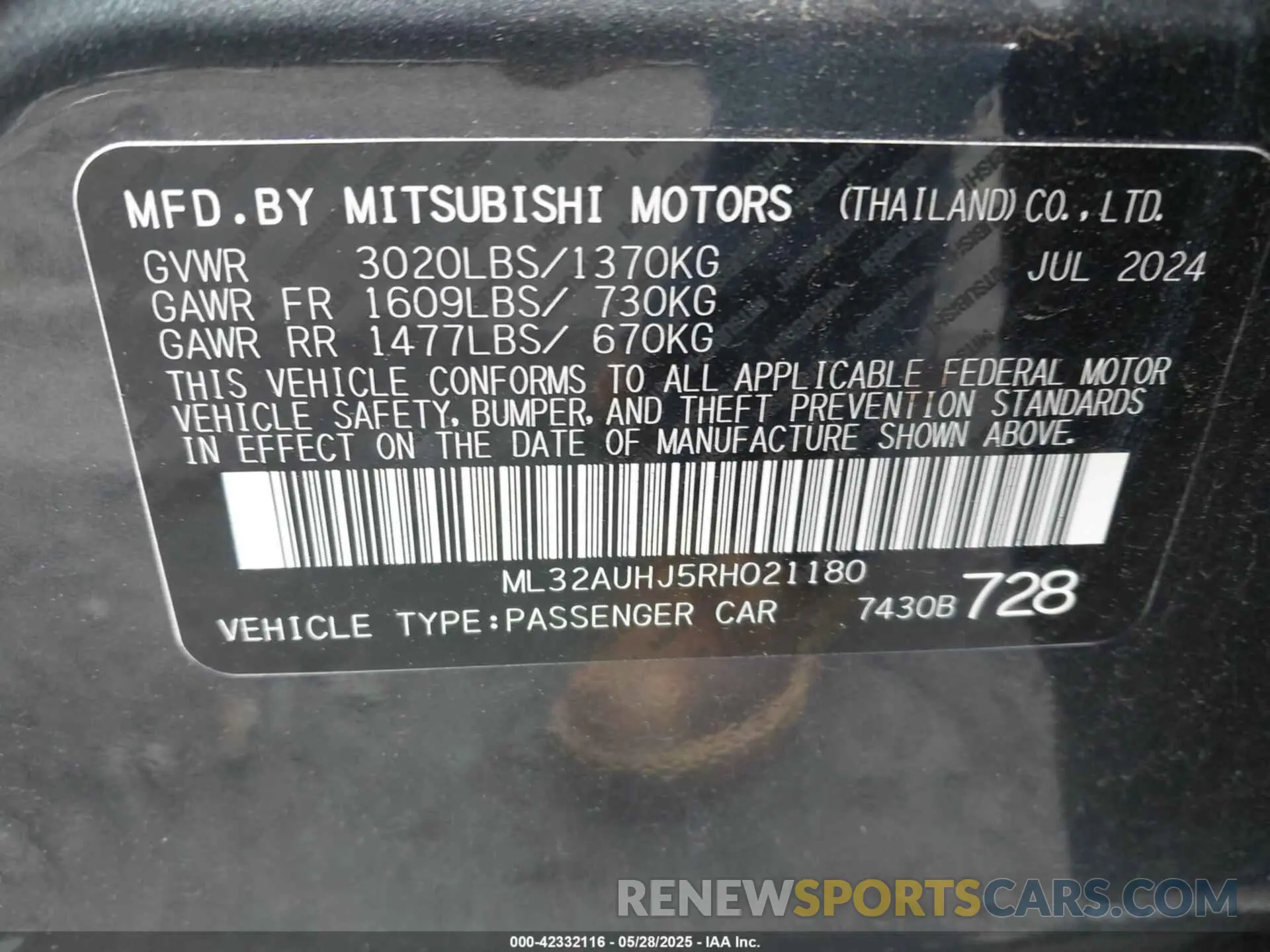 9 Photograph of a damaged car ML32AUHJ5RH021180 MITSUBISHI MIRAGE 2024