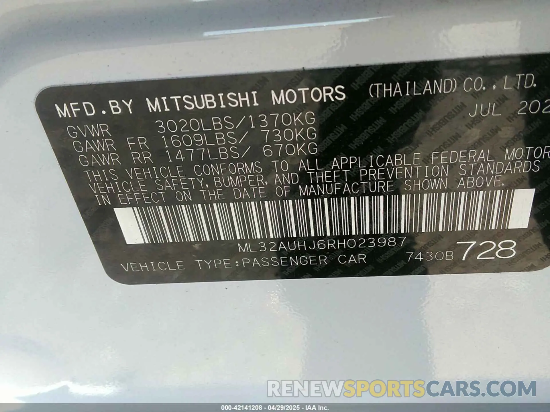 9 Photograph of a damaged car ML32AUHJ6RH023987 MITSUBISHI MIRAGE 2024