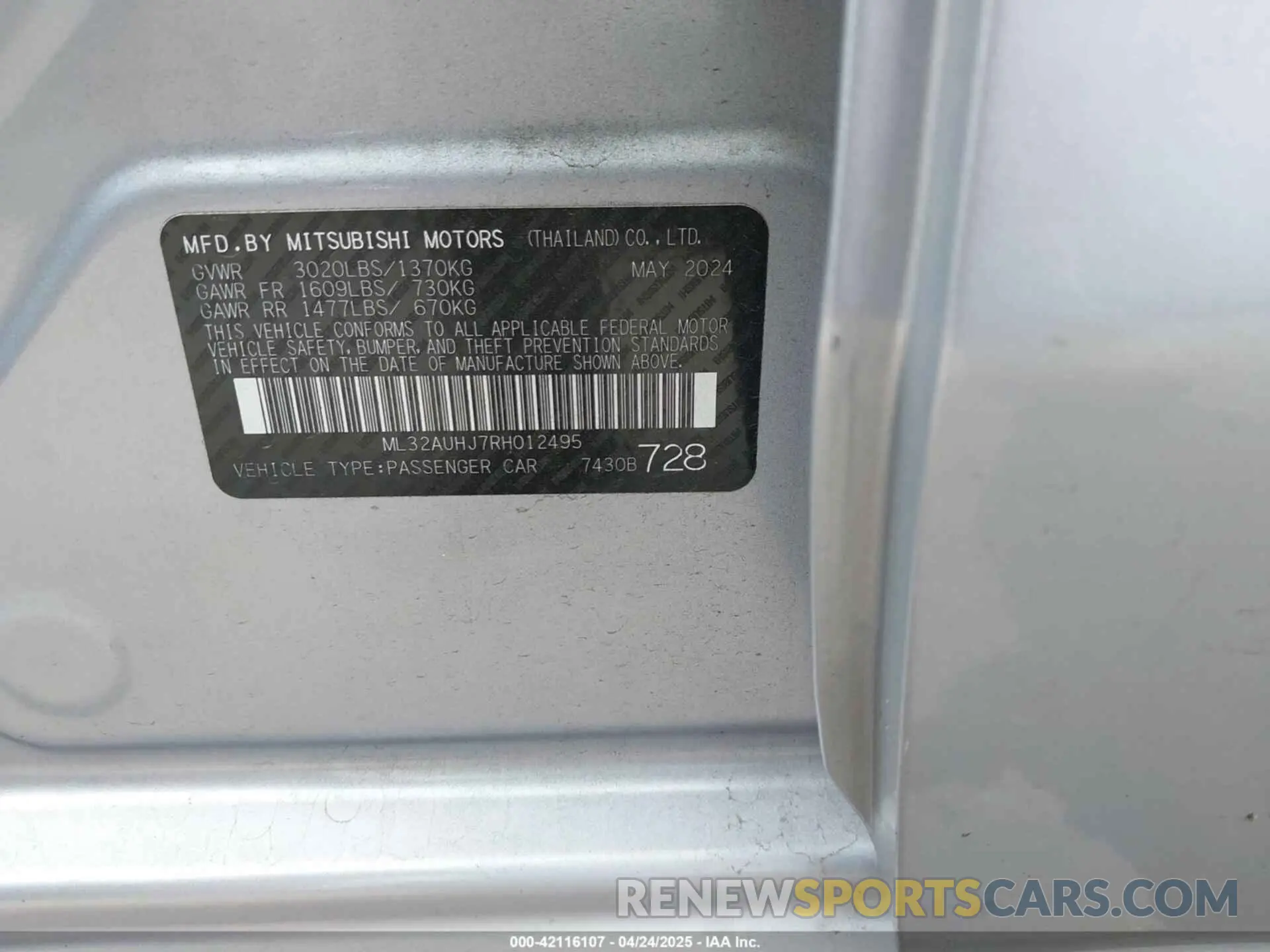 9 Photograph of a damaged car ML32AUHJ7RH012495 MITSUBISHI MIRAGE 2024