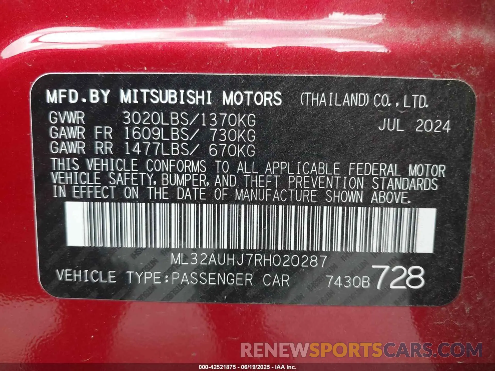 9 Photograph of a damaged car ML32AUHJ7RH020287 MITSUBISHI MIRAGE 2024