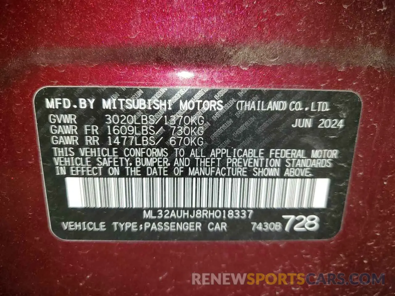 12 Photograph of a damaged car ML32AUHJ8RH018337 MITSUBISHI MIRAGE 2024