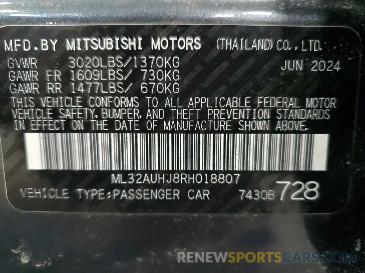 13 Photograph of a damaged car ML32AUHJ8RH018807 MITSUBISHI MIRAGE 2024