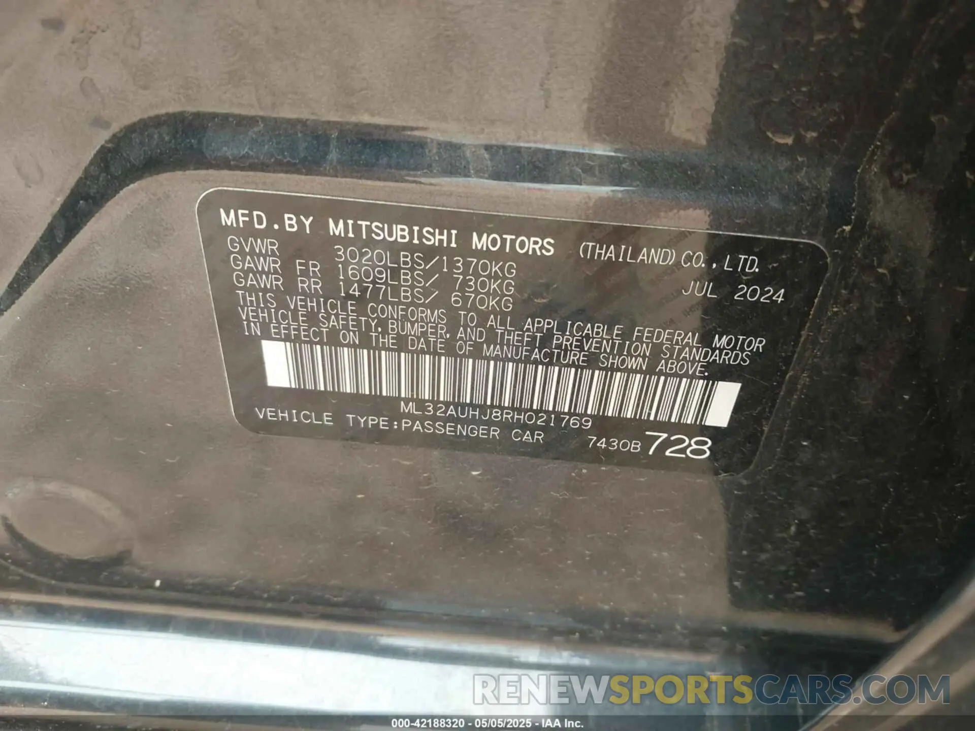 9 Photograph of a damaged car ML32AUHJ8RH021769 MITSUBISHI MIRAGE 2024