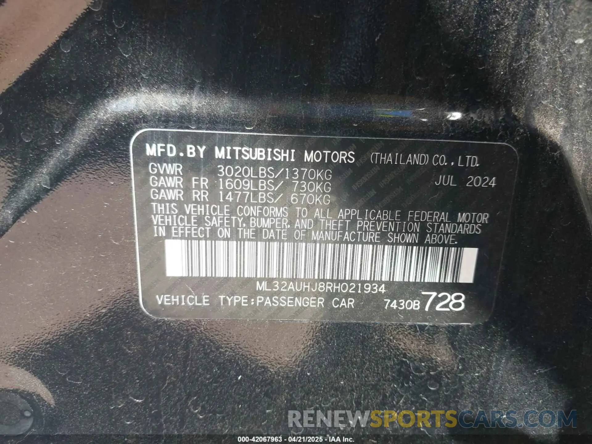 9 Photograph of a damaged car ML32AUHJ8RH021934 MITSUBISHI MIRAGE 2024