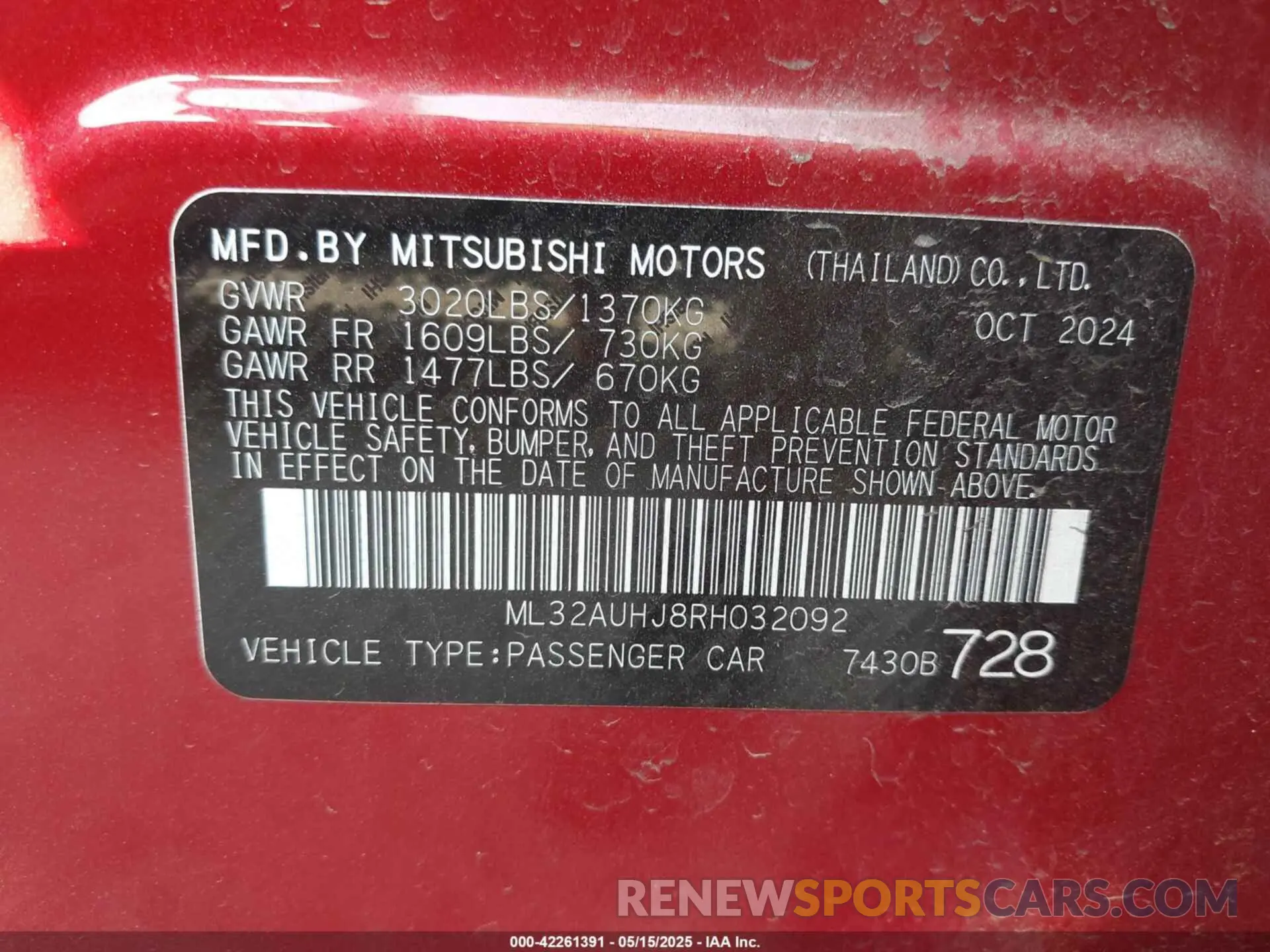 9 Photograph of a damaged car ML32AUHJ8RH032092 MITSUBISHI MIRAGE 2024