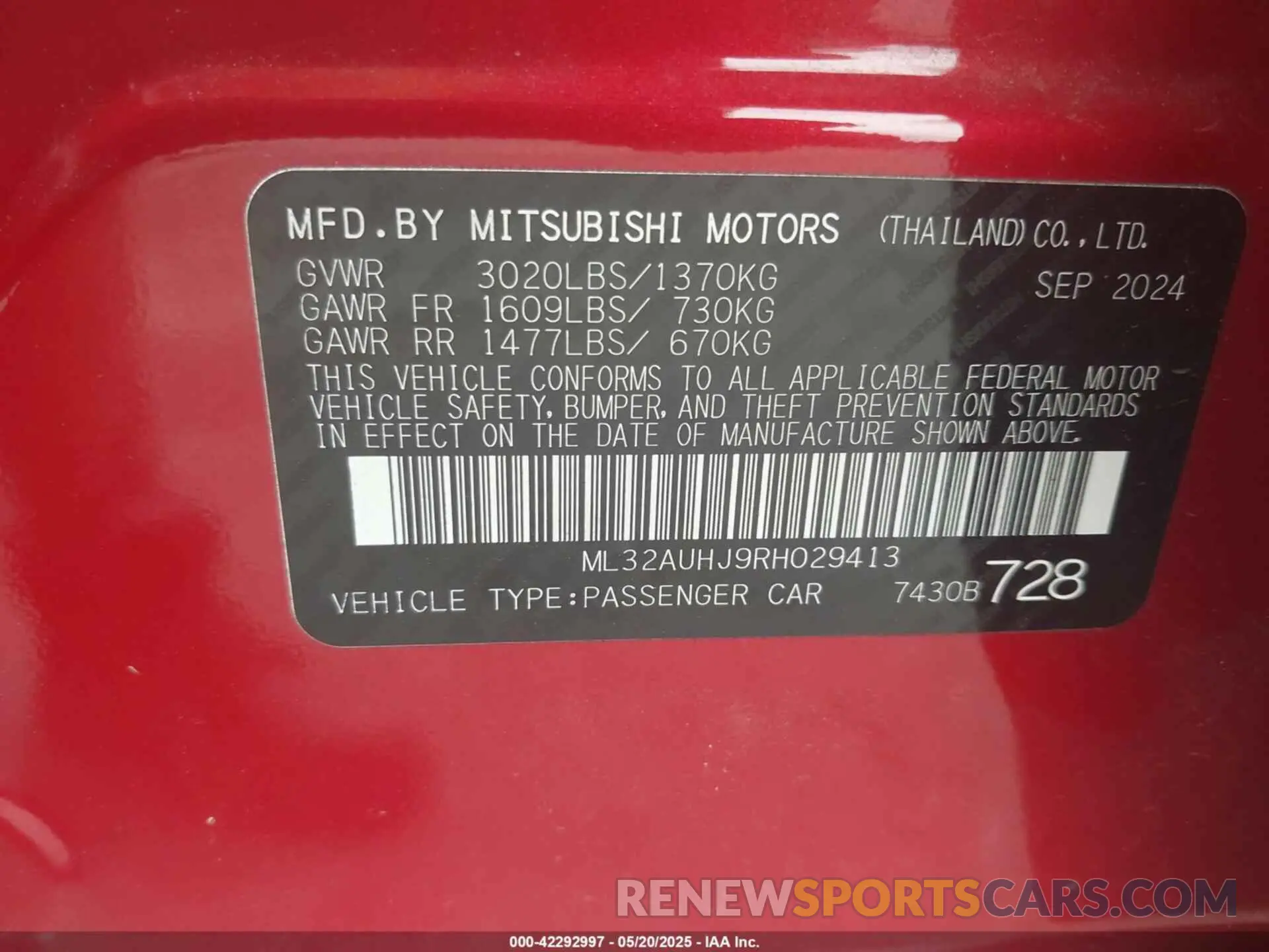 9 Photograph of a damaged car ML32AUHJ9RH029413 MITSUBISHI MIRAGE 2024