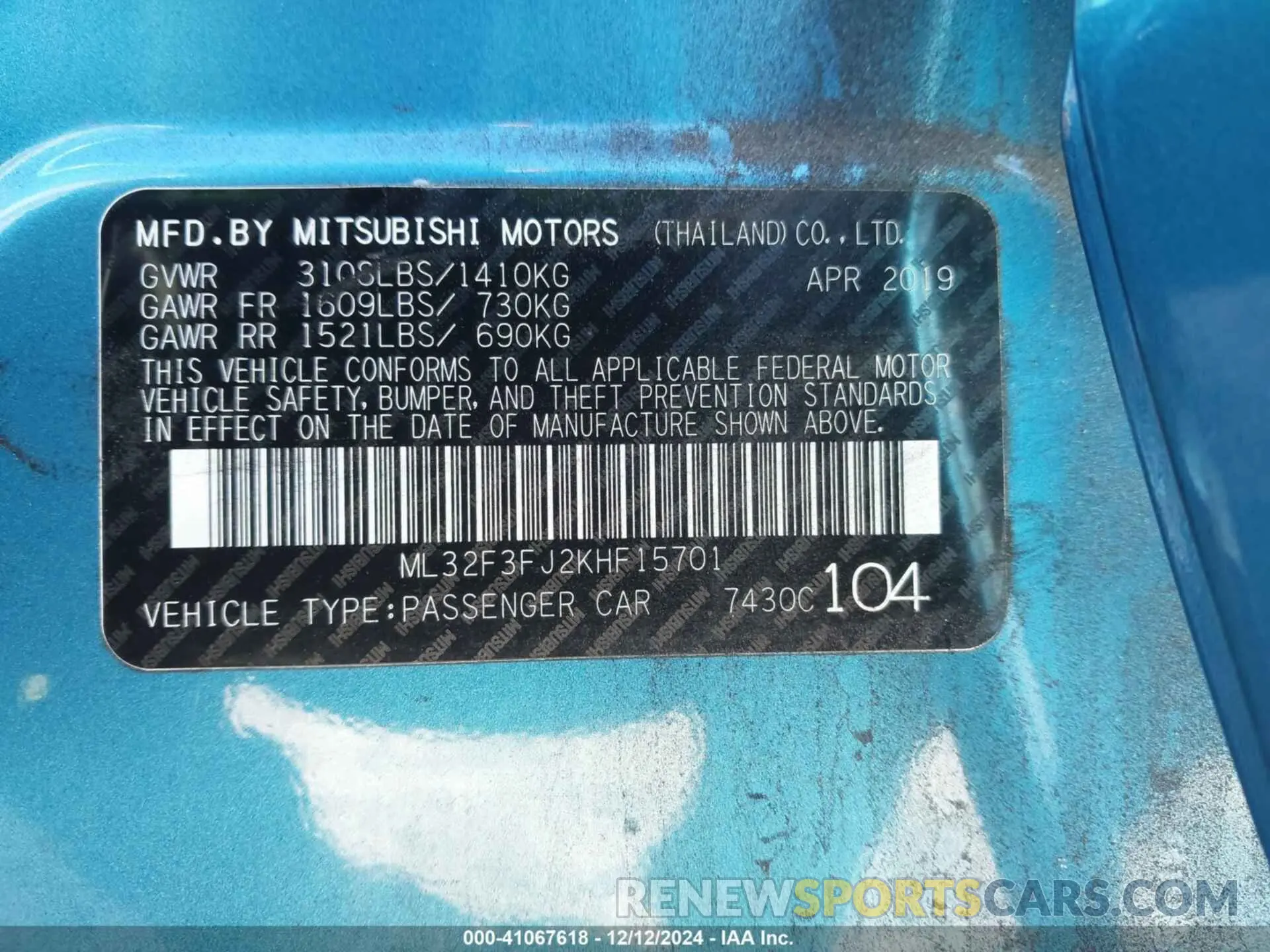 9 Photograph of a damaged car ML32F3FJ2KHF15701 MITSUBISHI MIRAGE G4 2019