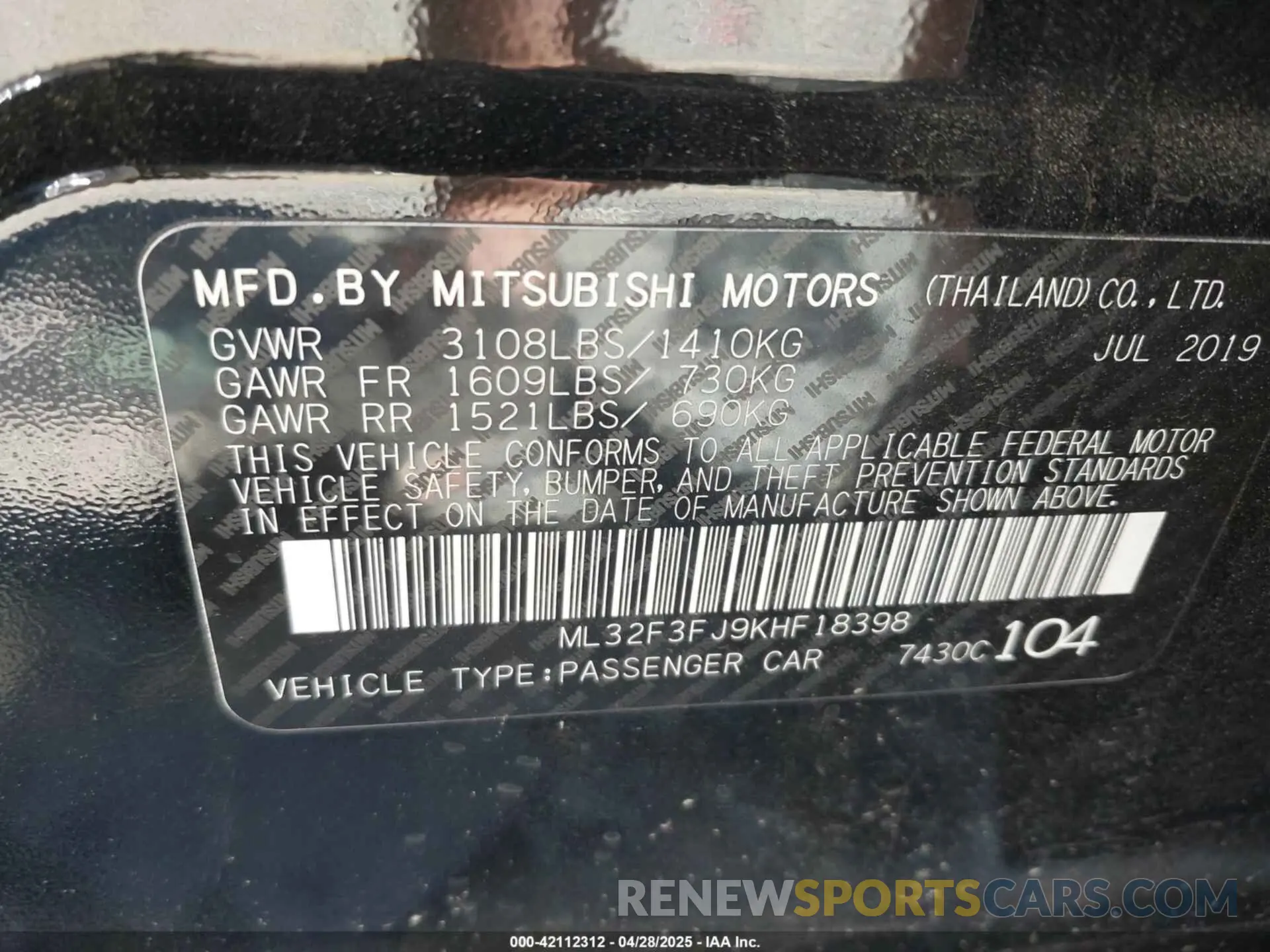 9 Photograph of a damaged car ML32F3FJ9KHF18398 MITSUBISHI MIRAGE G4 2019