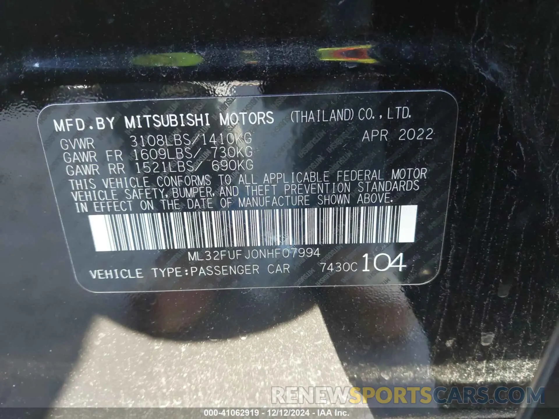 9 Photograph of a damaged car ML32FUFJ0NHF07994 MITSUBISHI MIRAGE G4 2022