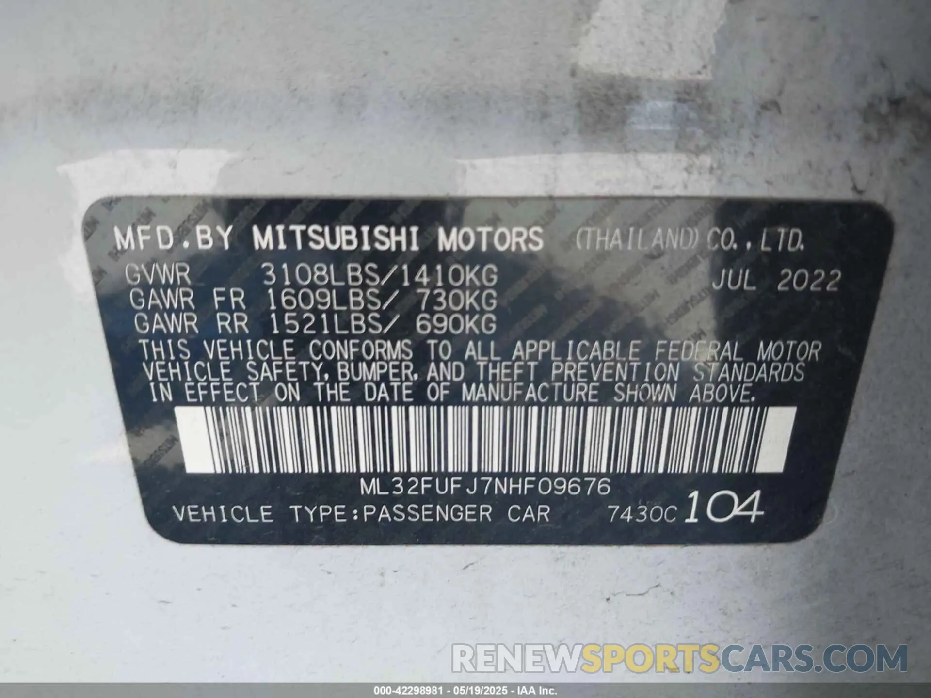 9 Photograph of a damaged car ML32FUFJ7NHF09676 MITSUBISHI MIRAGE G4 2022