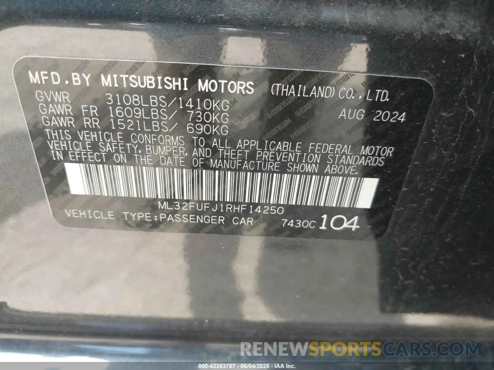 9 Photograph of a damaged car ML32FUFJ1RHF14250 MITSUBISHI MIRAGE G4 2024