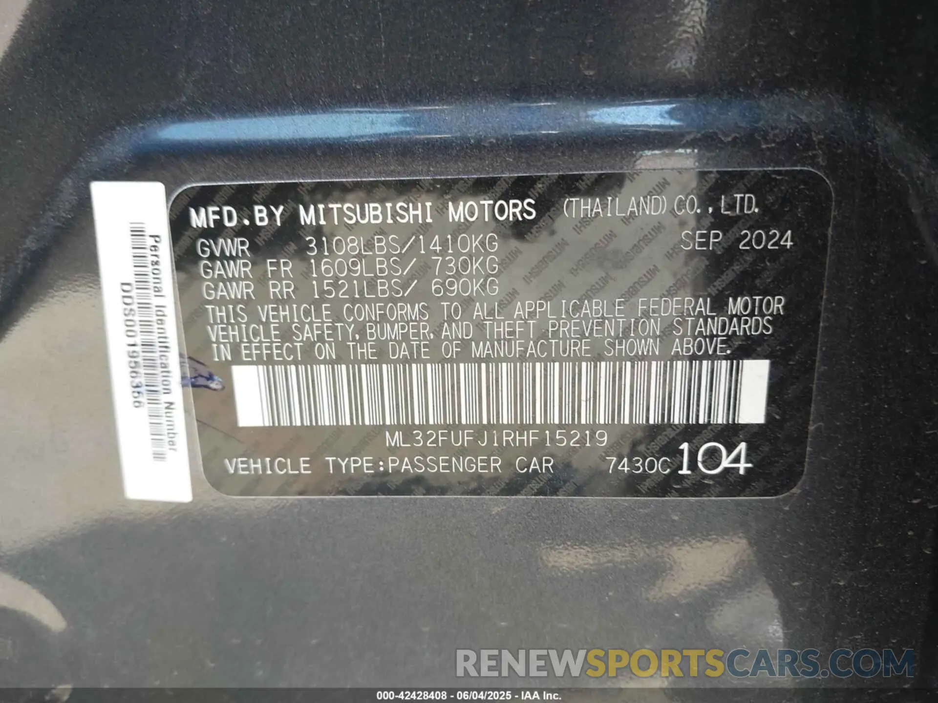 9 Photograph of a damaged car ML32FUFJ1RHF15219 MITSUBISHI MIRAGE G4 2024