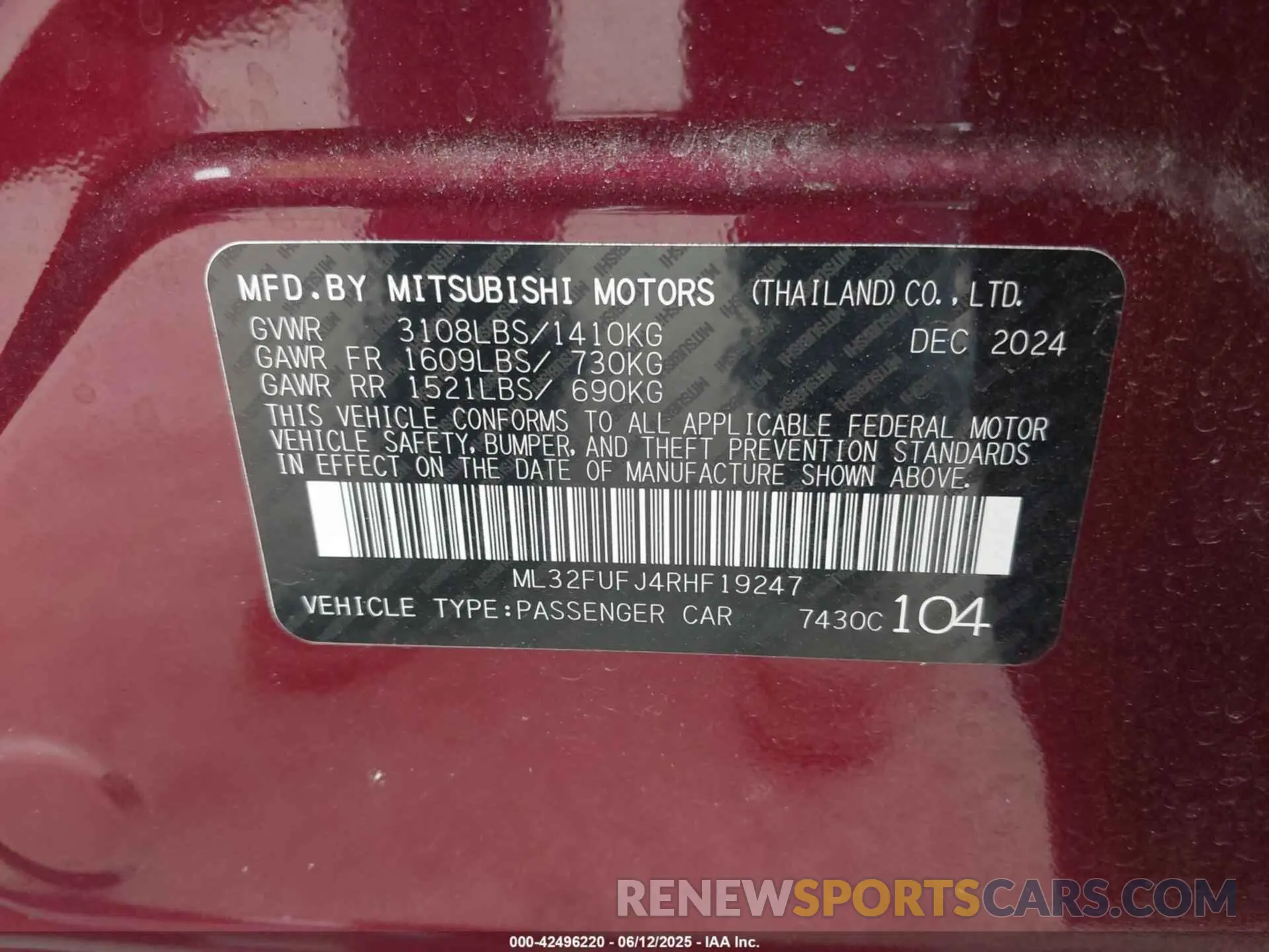 9 Photograph of a damaged car ML32FUFJ4RHF19247 MITSUBISHI MIRAGE G4 2024