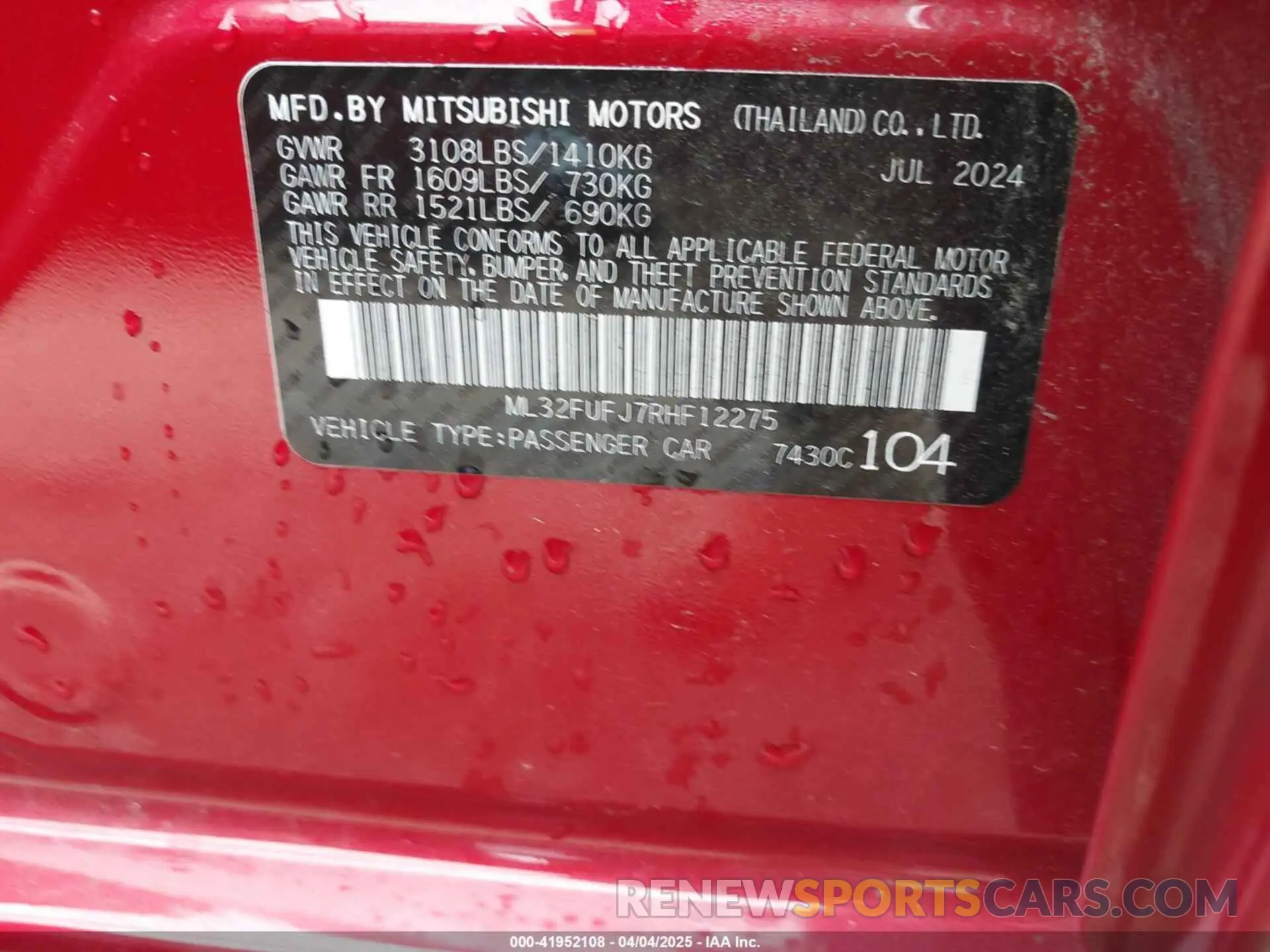 9 Photograph of a damaged car ML32FUFJ7RHF12275 MITSUBISHI MIRAGE G4 2024