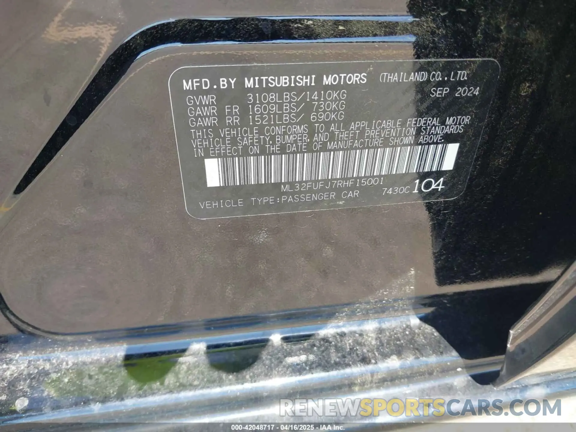 9 Photograph of a damaged car ML32FUFJ7RHF15001 MITSUBISHI MIRAGE G4 2024